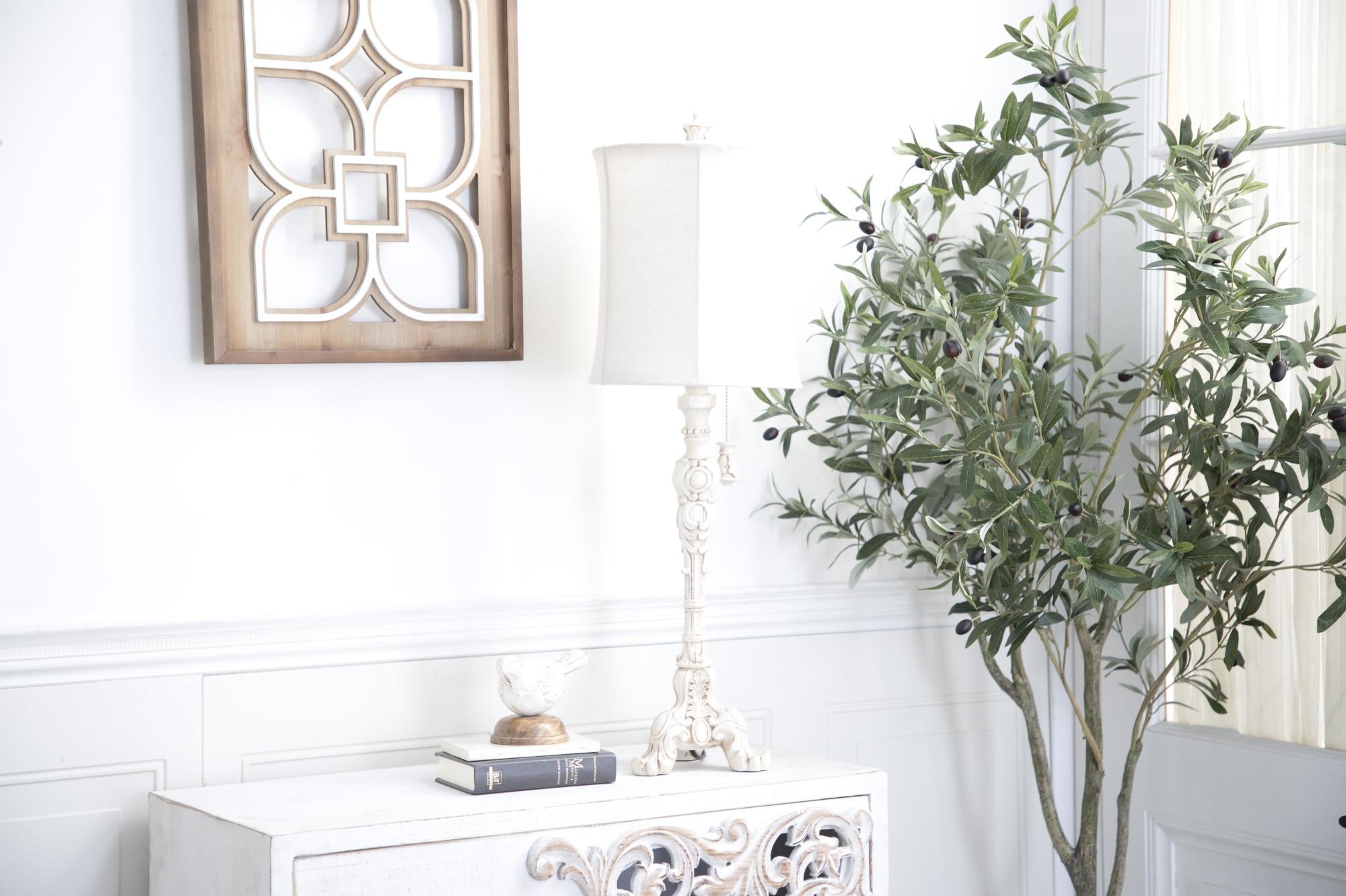 Scroll Cream Polystone Antique Style Room Buffet Lamp with Drum Shade