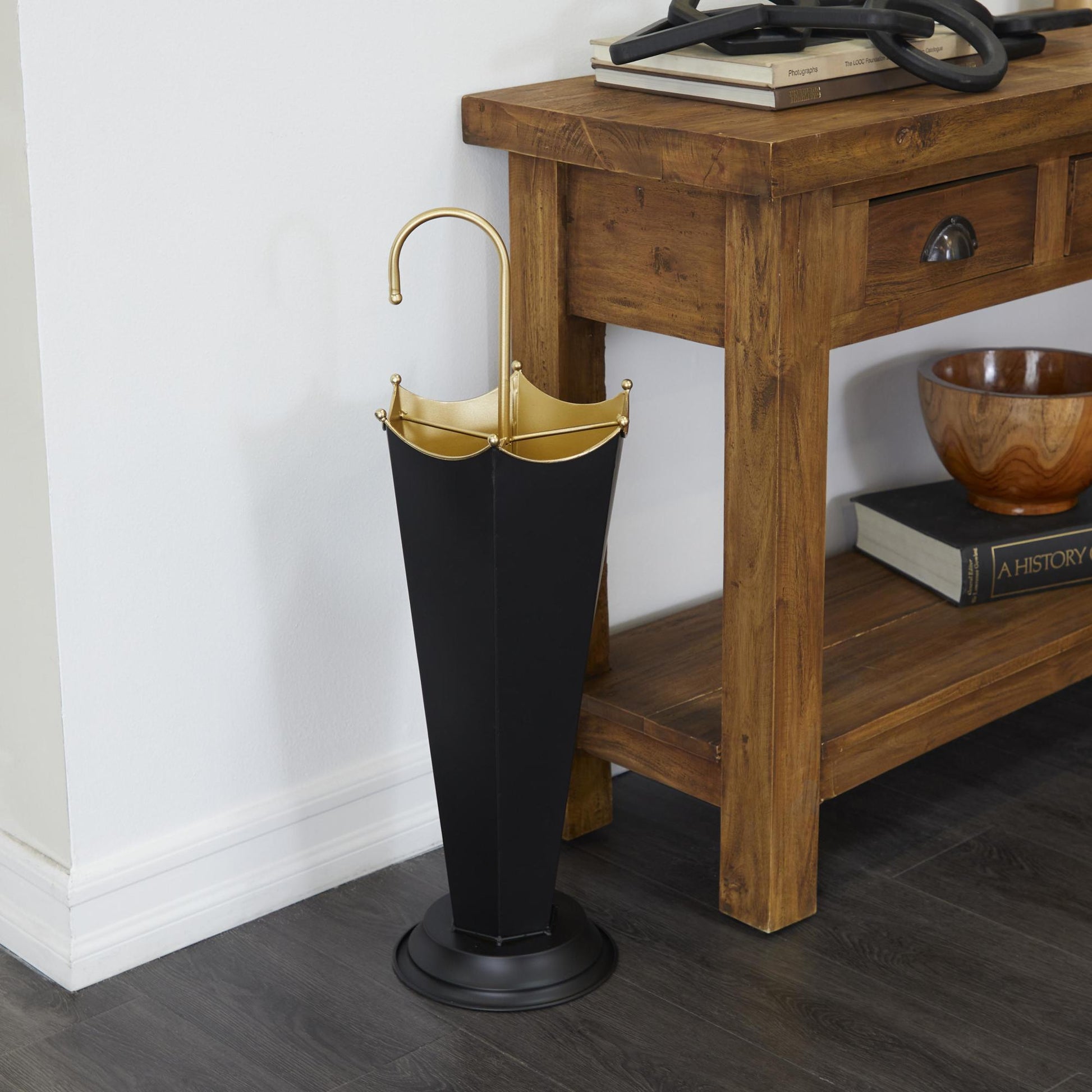 Abstract Black Metal Upside Down Kitschy Decorative Umbrella Stand with Gold Handle