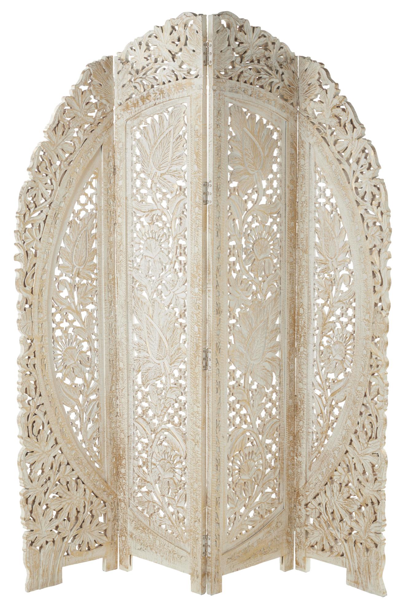 Floral White Wood Handmade Foldable Partition 4 Panel Partition Room Divider Screen with Carved Designs