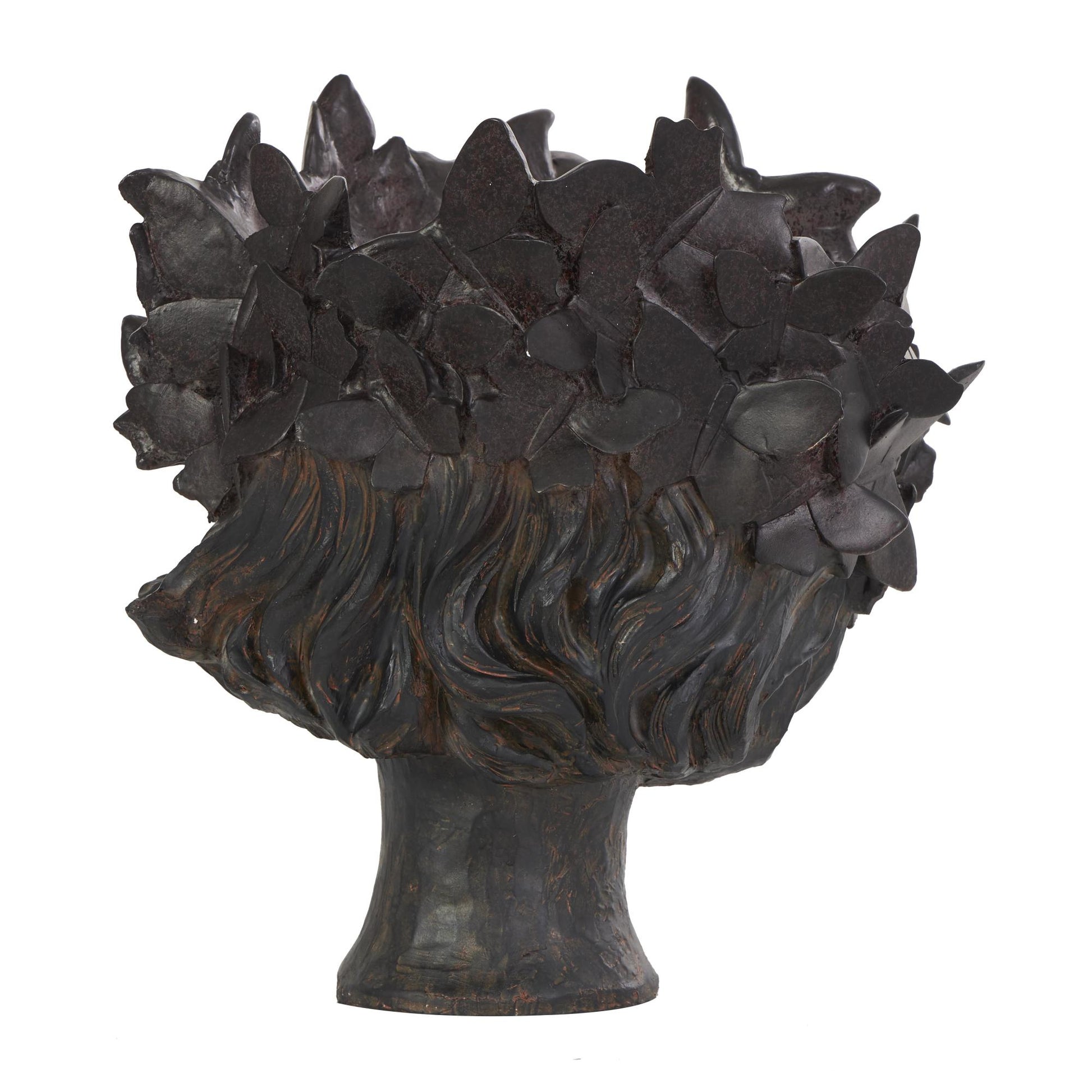 Woman Bronze Resin Head Indoor Outdoor Planter with Wide Opening and Butterfly Accents