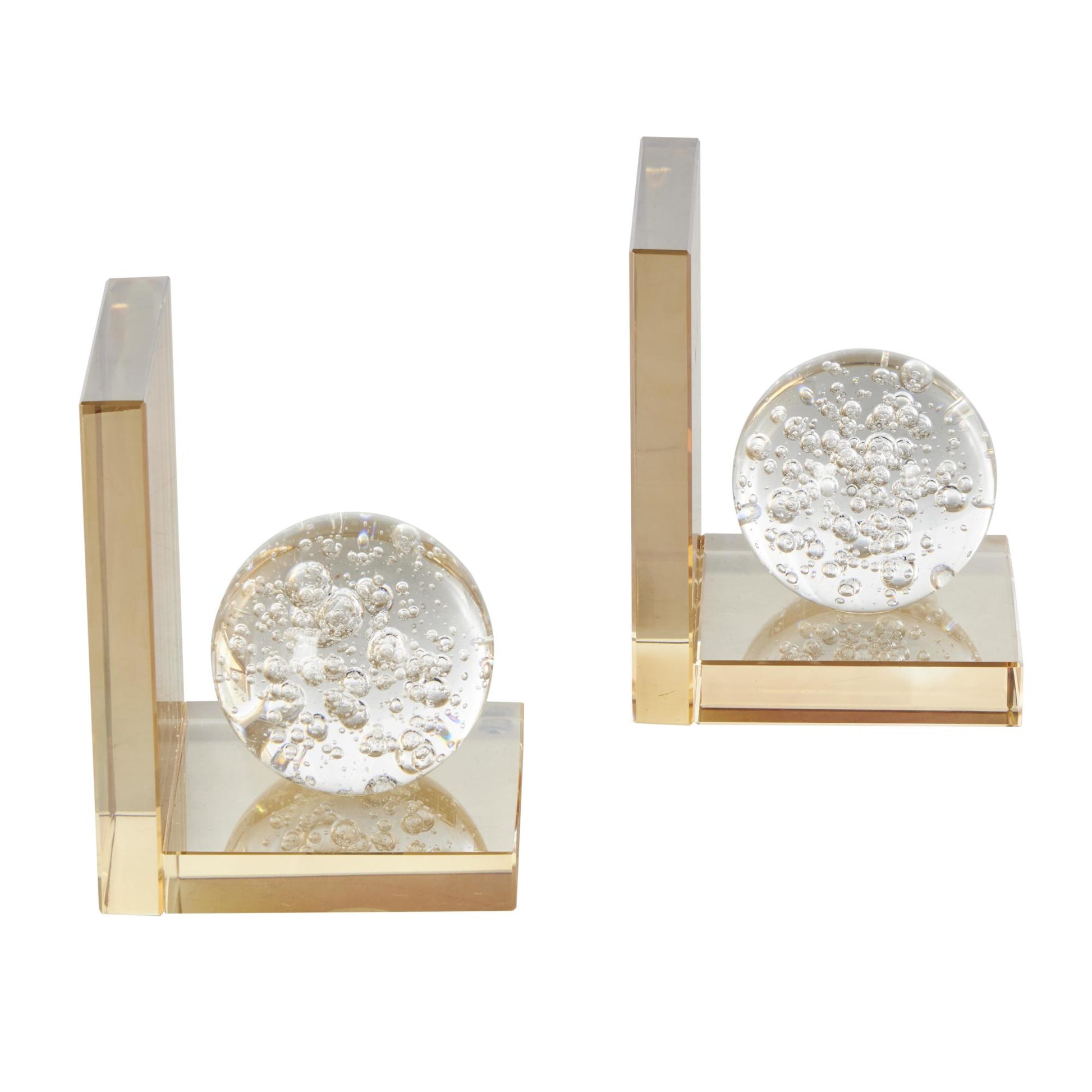 Set of 2 Geometric Gold Glass Decorative Bookends with Clear Orbs and Bubble Texturing