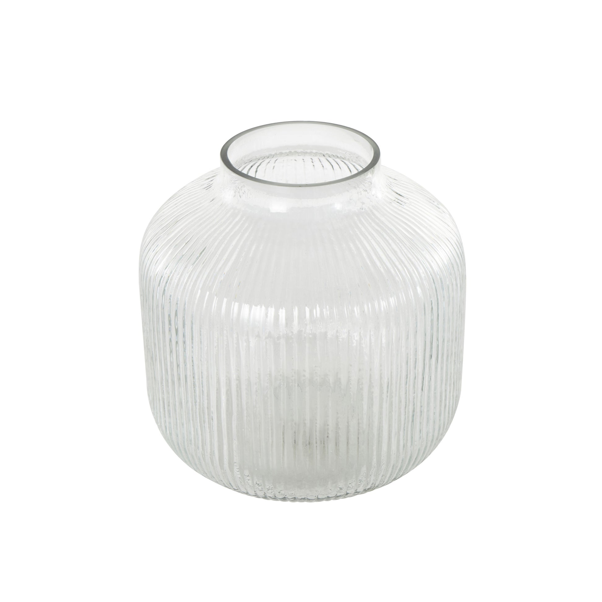 Clear Glass Short Round Ribbed Decorative Vase