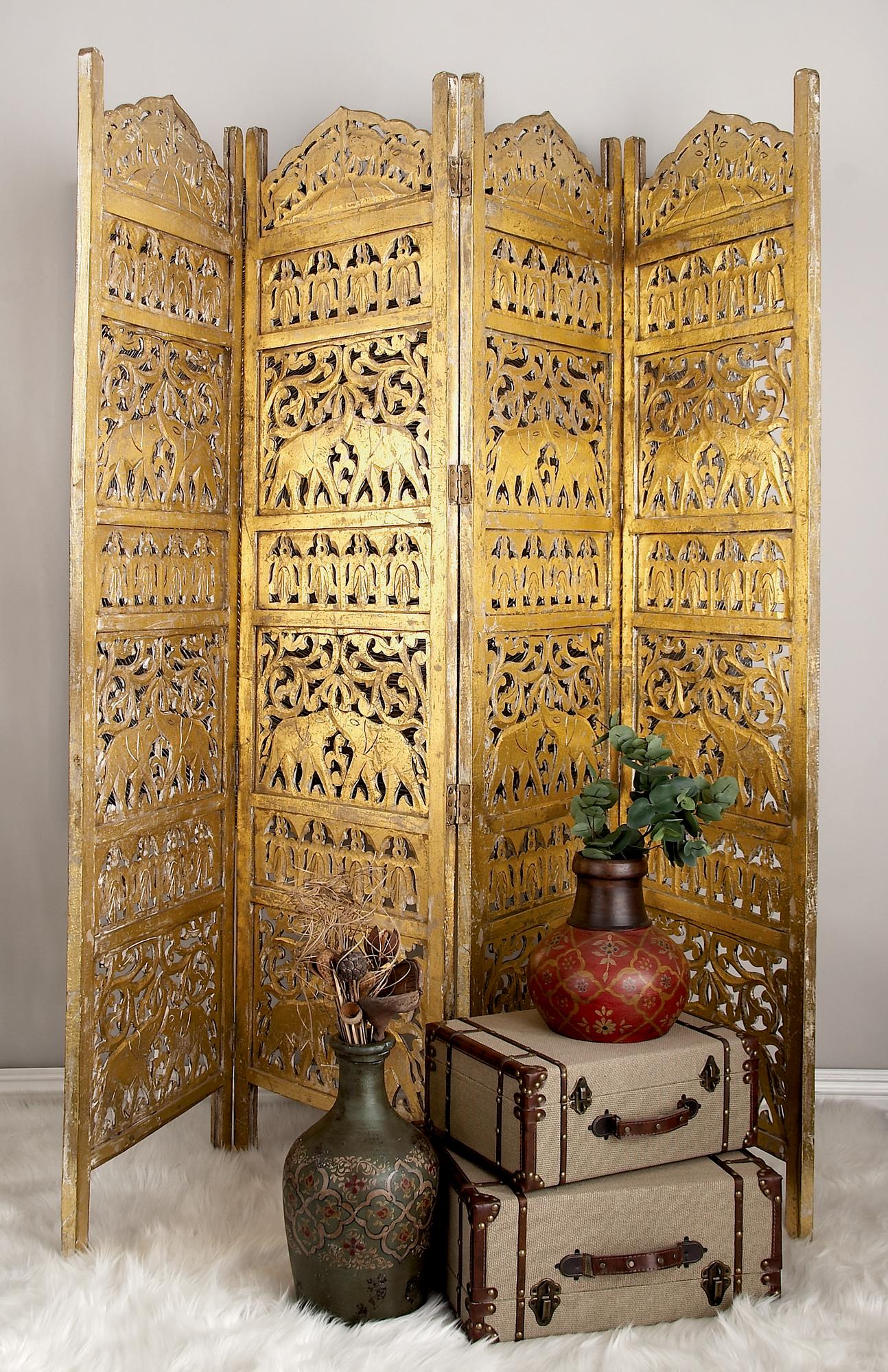 Scroll Gold Wooden Handmade Foldable Partition 4 Panel Partition Room Divider Screen with Carved Elephant Accents