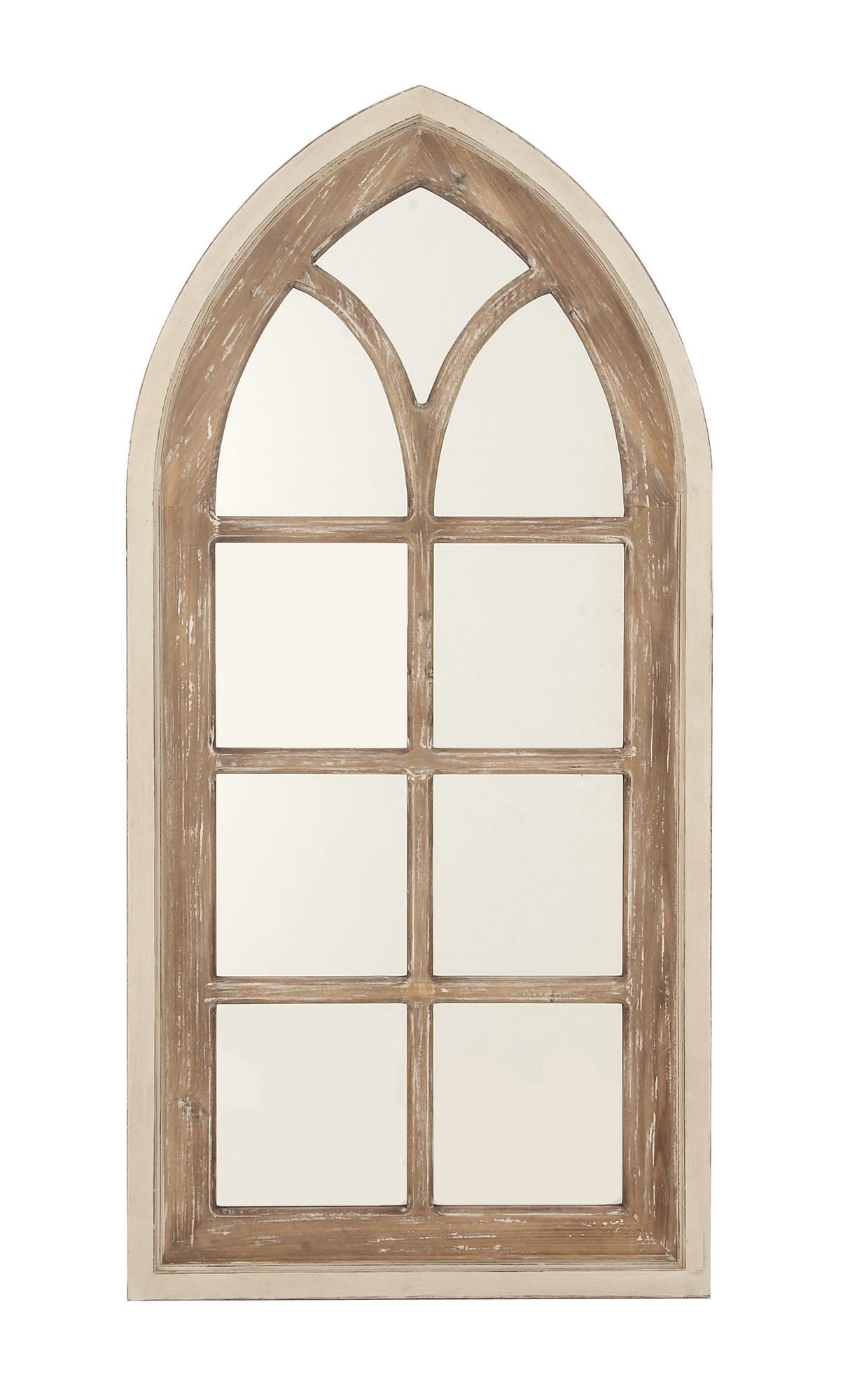 Brown Wood Arched Distressed Window Pane Room Wall Mirror