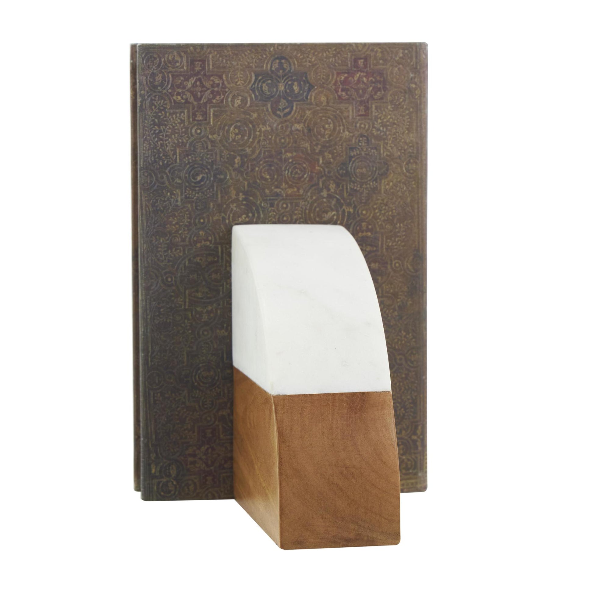 Set of 2 Geometric Brown Mango Wood Arched 5 lbs Decorative Bookends with White Marble Tops