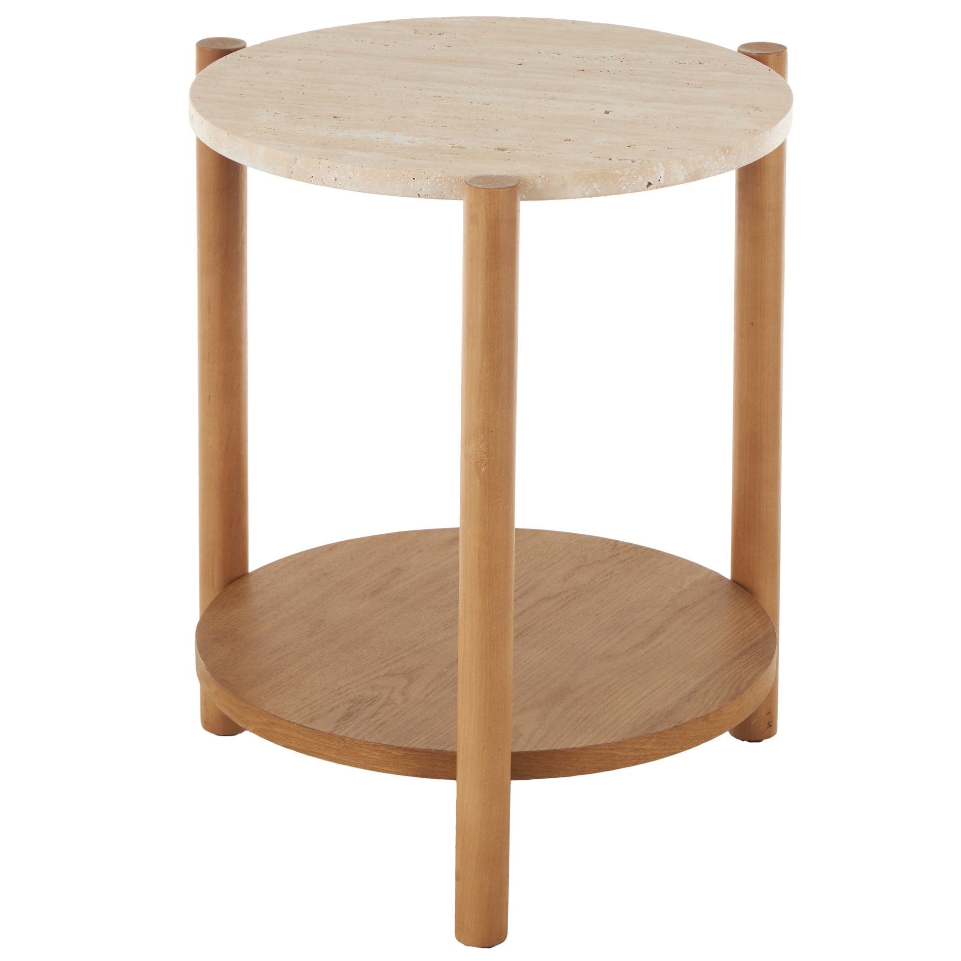 Brown Wood Handmade Round Side End Accent Table with Beige Round Marble Top