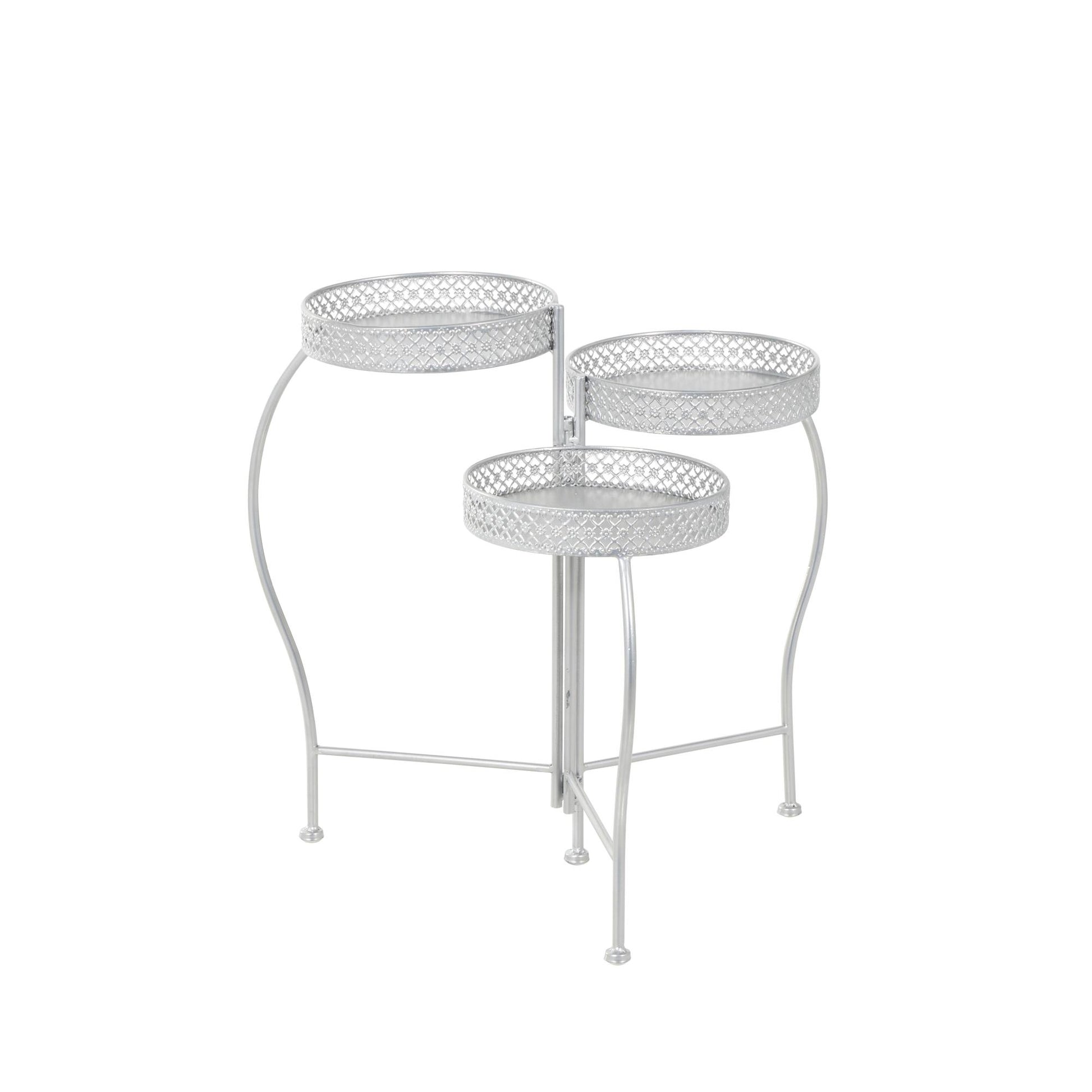 Metal Curved Folding 3 Tier Indoor Outdoor Plantstand with Floral and Scroll Patterns