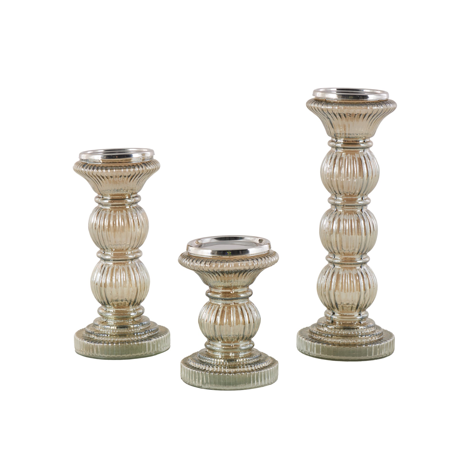 Set of 3 Gray Glass Handmade Turned Style Pillar Decorative Candle Holder