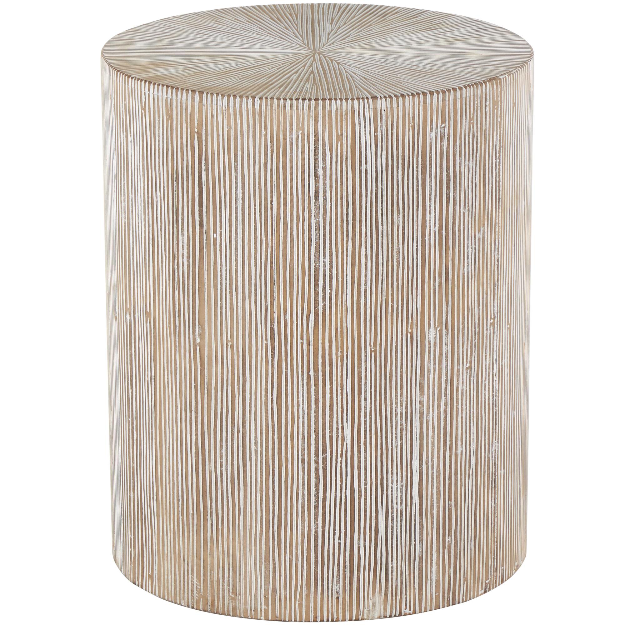 Starburst Brown Wooden Drum Side End Accent Table with White Accents