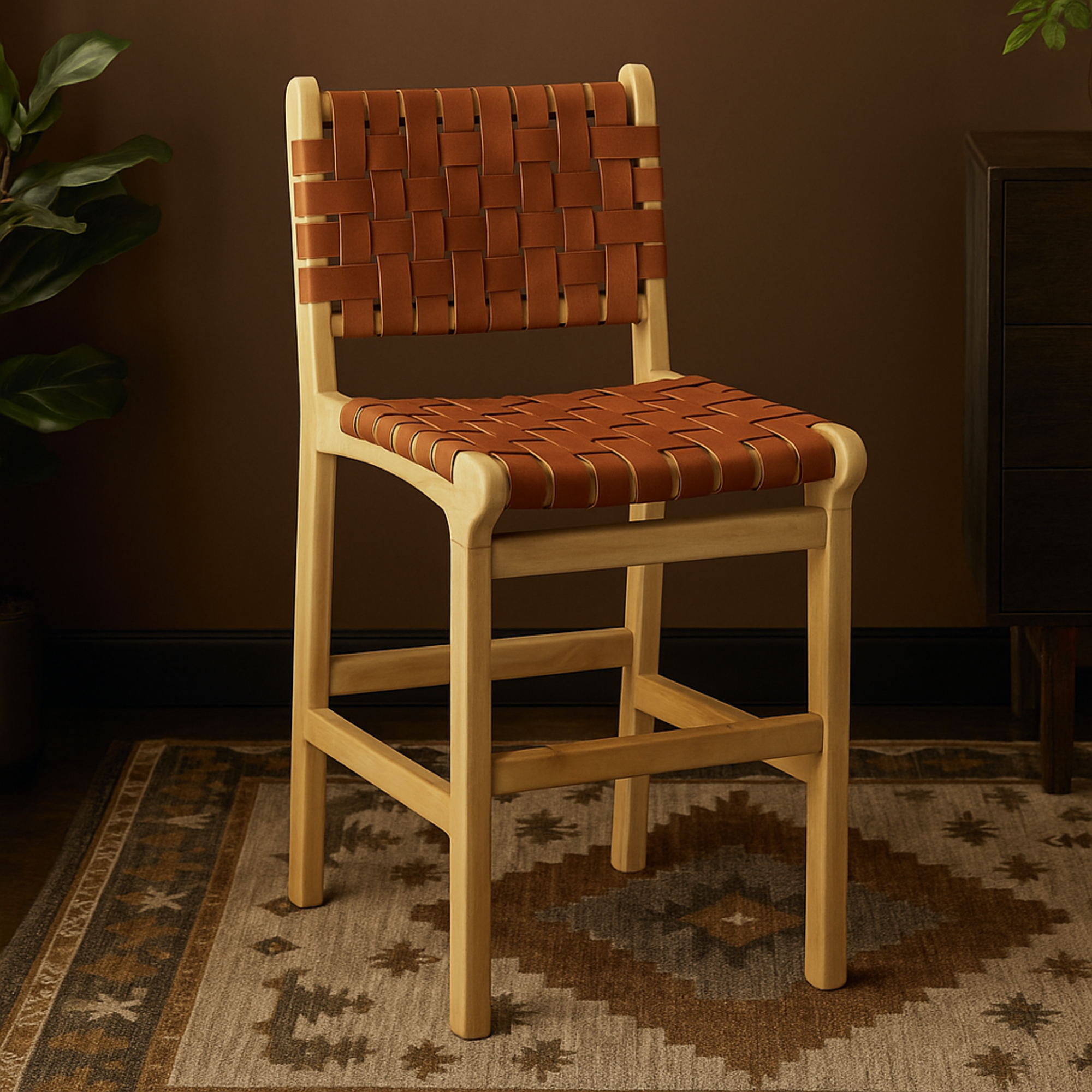Mango Wood Handmade Woven Kitchen Bar Stool with with Backrest and Footrest