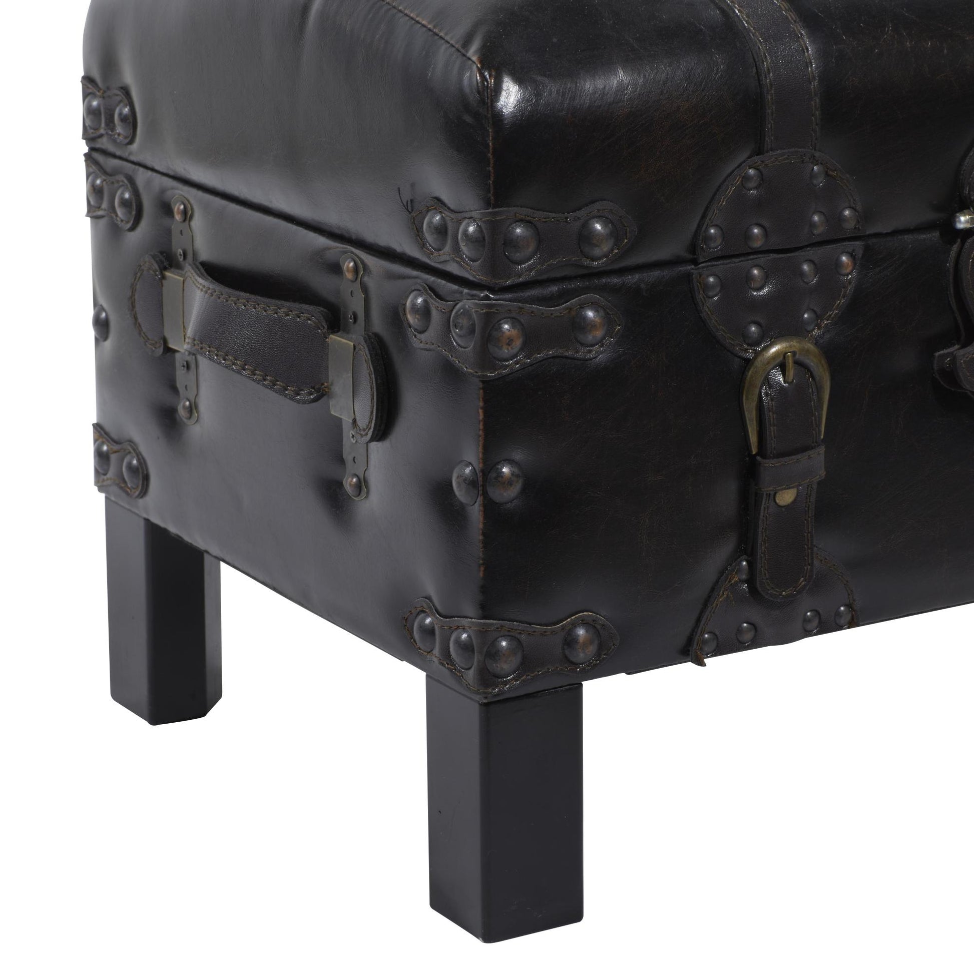 Set of 3 Brown Faux Leather Vintage Room Storage Bench with Faux Leather Buckle Straps and Stud Details