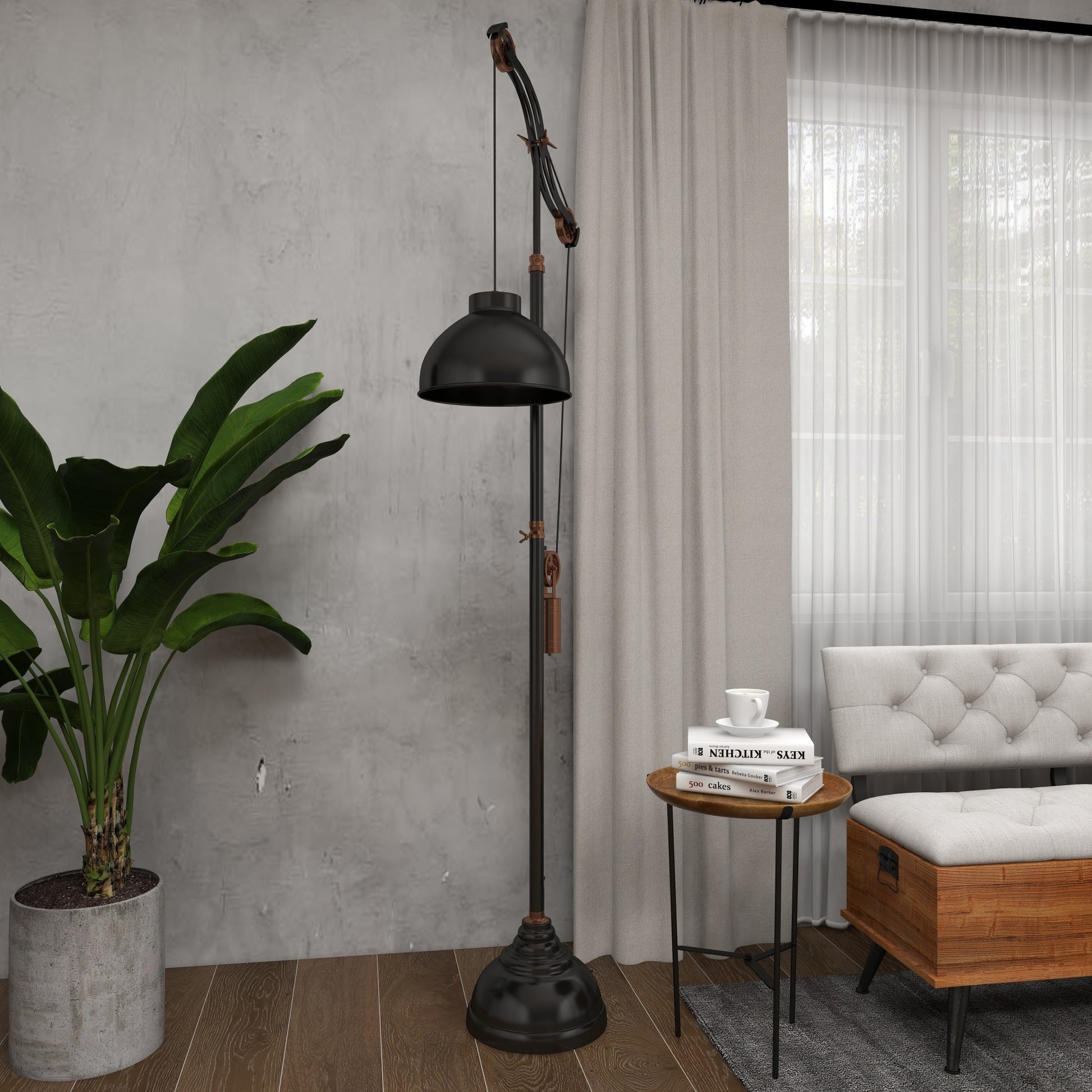 Black Aluminum Metal Pulley Room Floor Lamp with Copper Accents