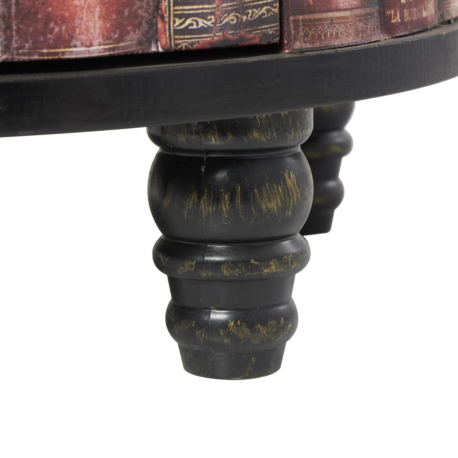 Red Faux Leather Circular Storage 2 Door Room Cabinet with Stacked Book Design and Scroll Details