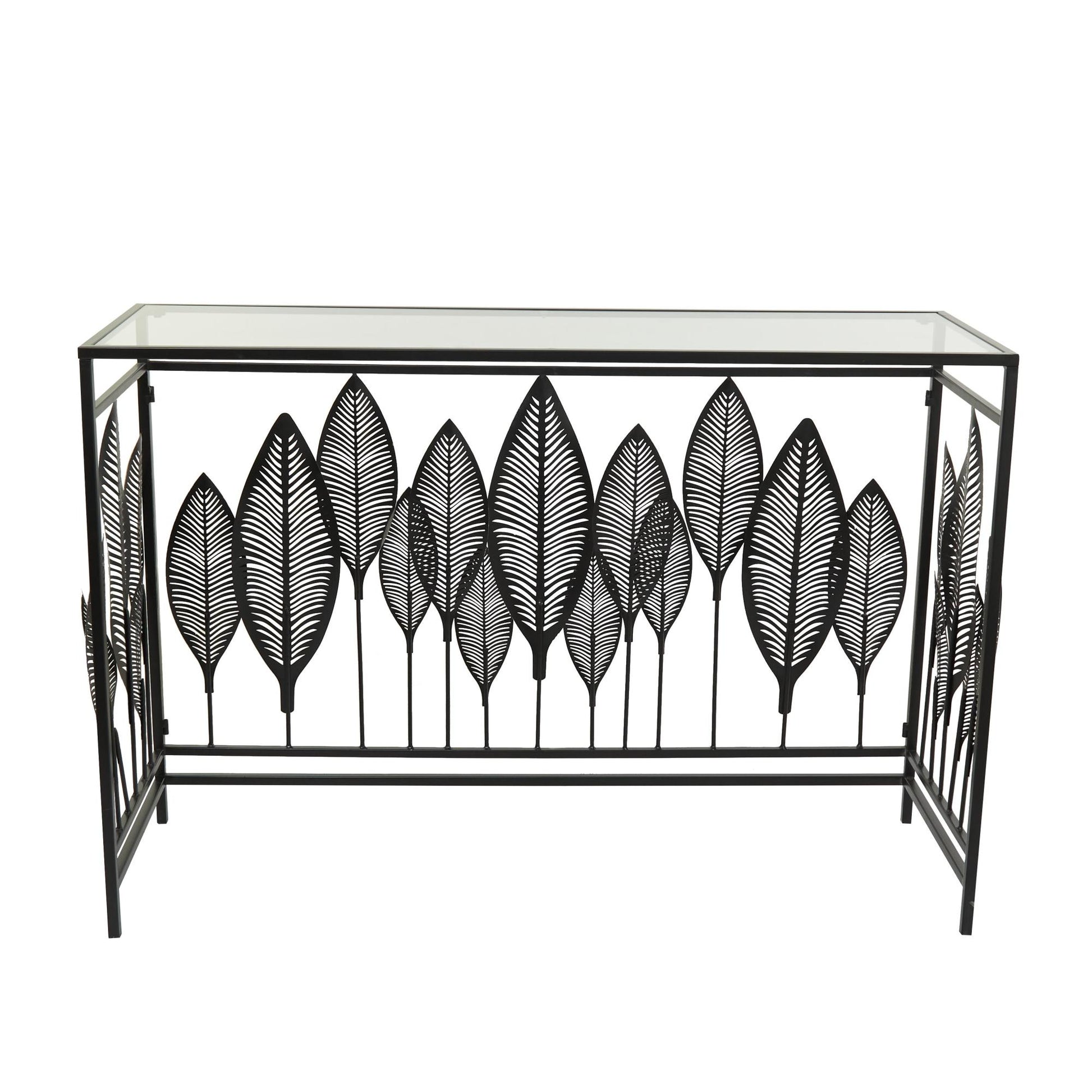 Leaf Metal Rectangular Living Room Console Table with Mirrored Glass Top and Gold Accents