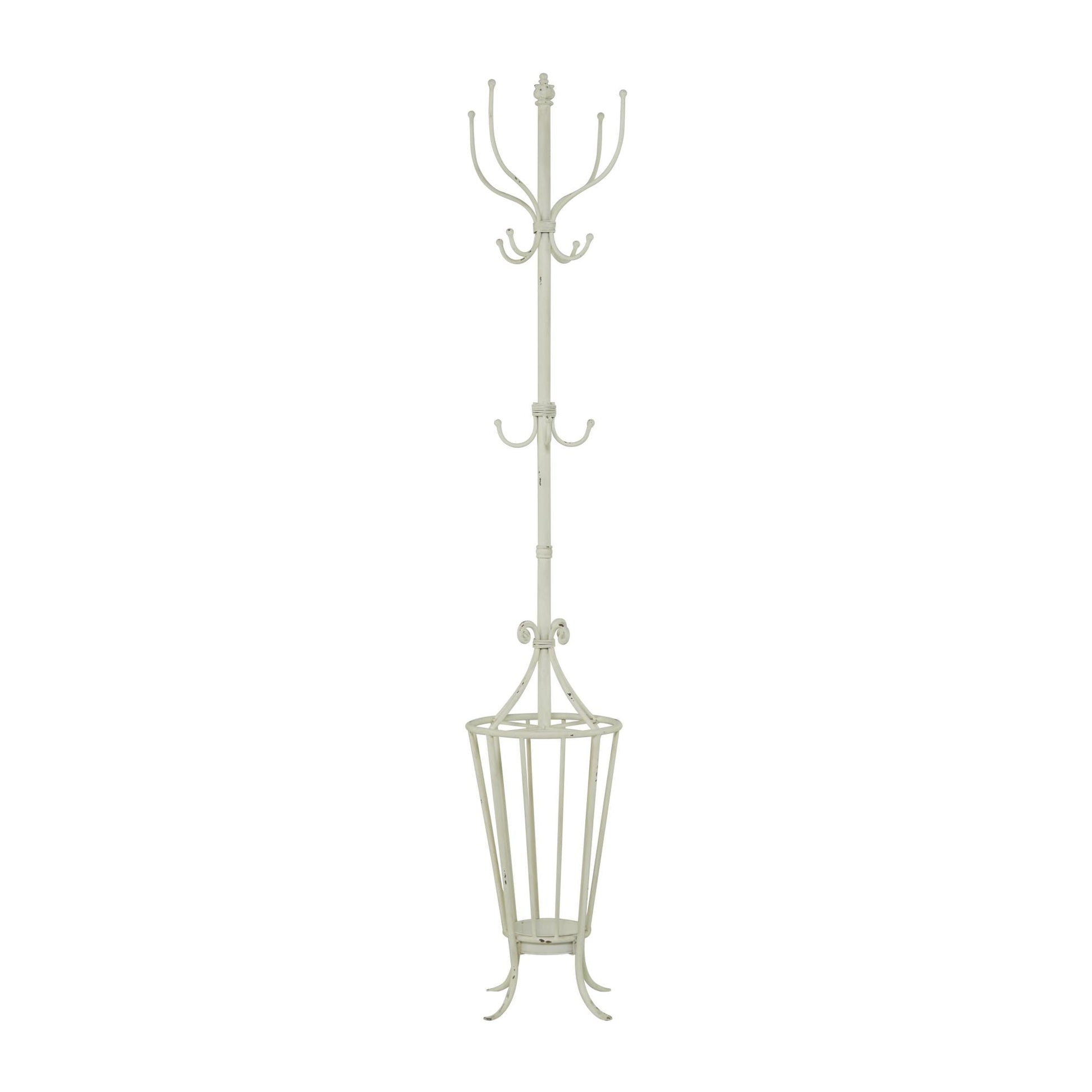 Scroll White Metal Vintage Style 12 Hook Freestanding Coat Rack with Umbrella Storage Base