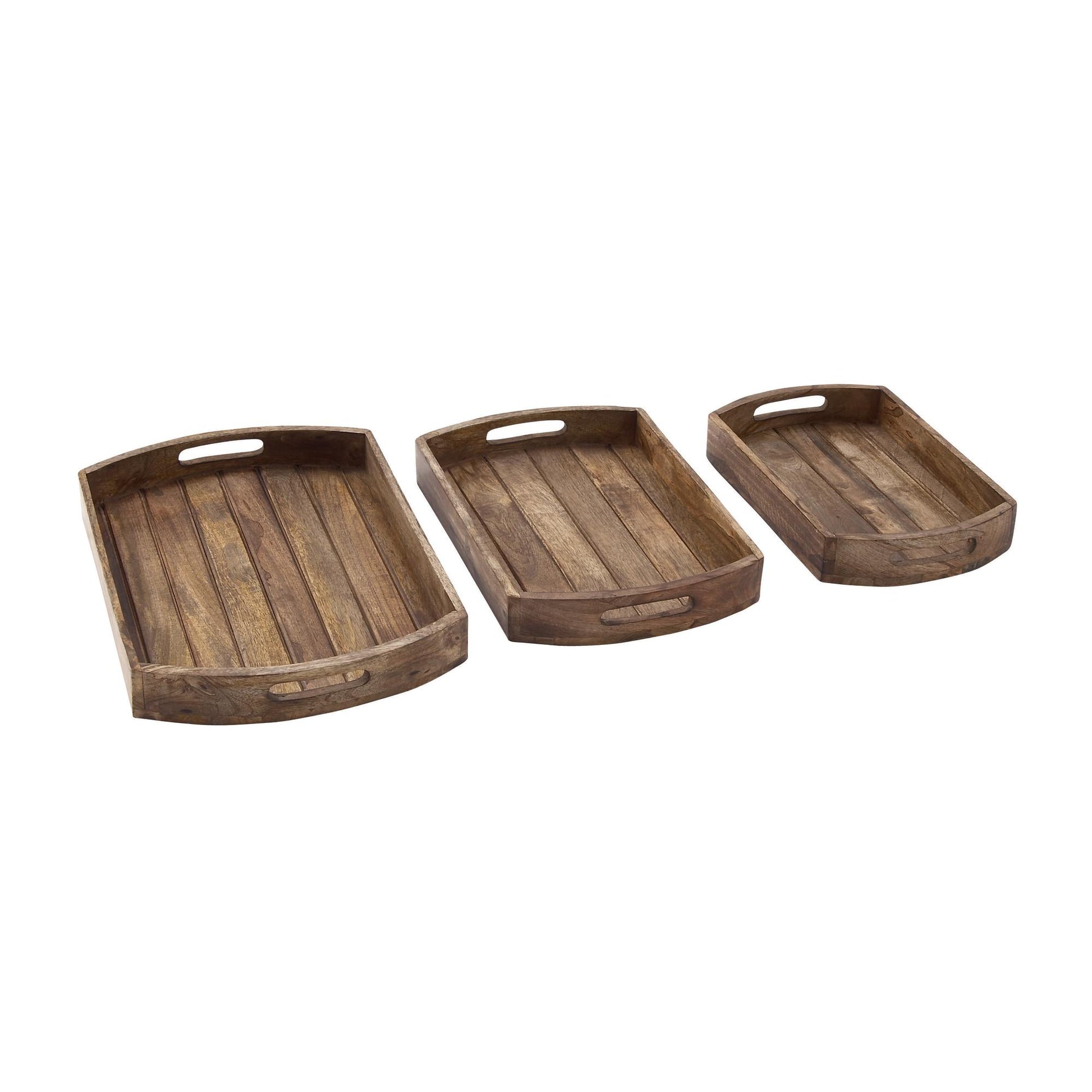 Set of 3 Light Brown Mango Wood Living Room Decor Tray with Slot Handles