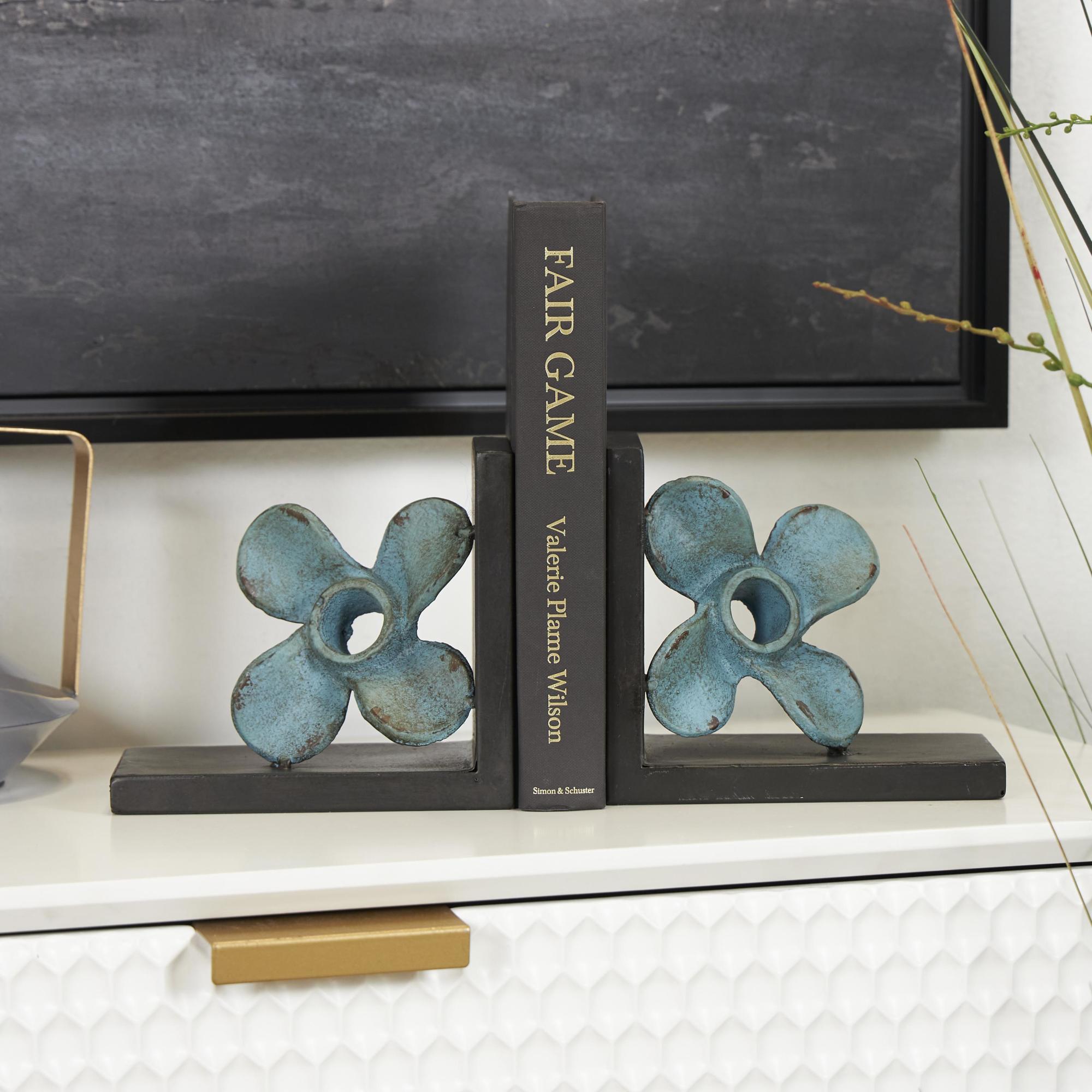 Set of 2 Boat Teal Metal Distressed Propeller Decorative Bookends with Brown L-Shaped Stands
