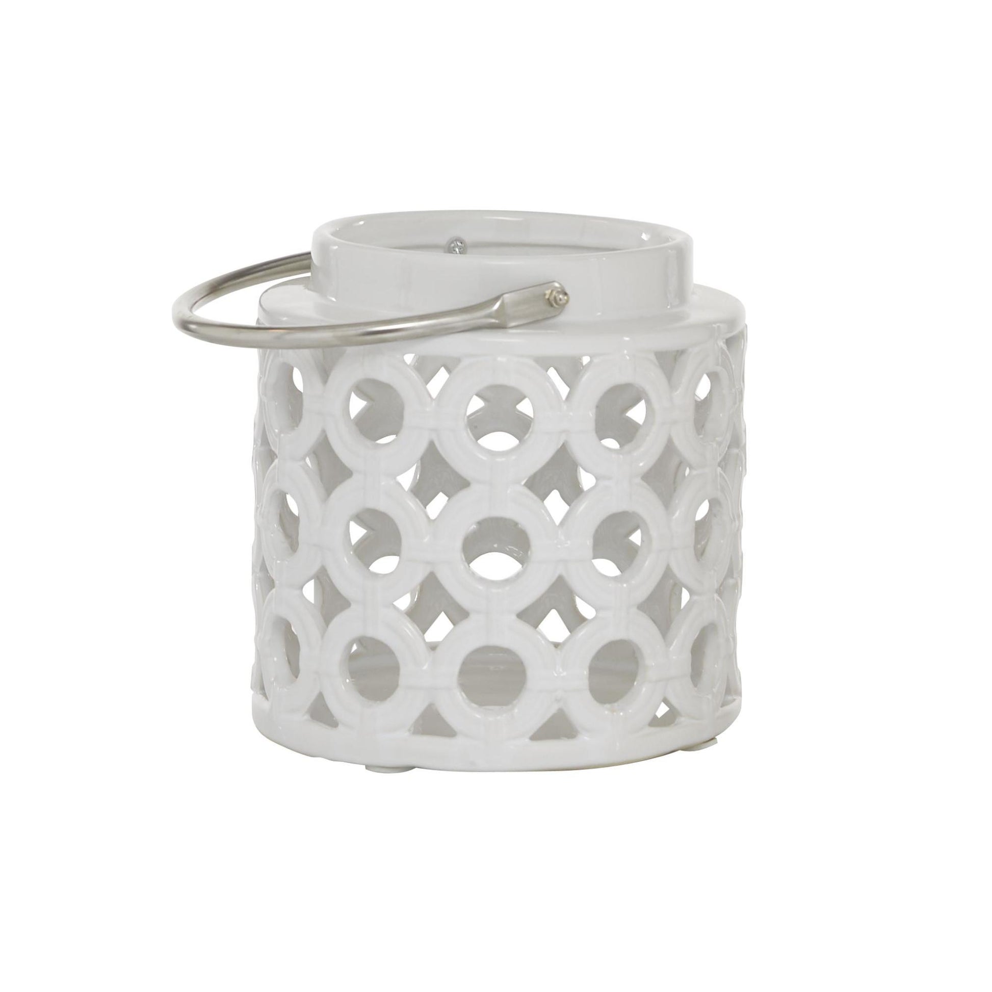 White Ceramic Circles Decorative Indoor Outdoor Candle Lantern with Cut Out Design