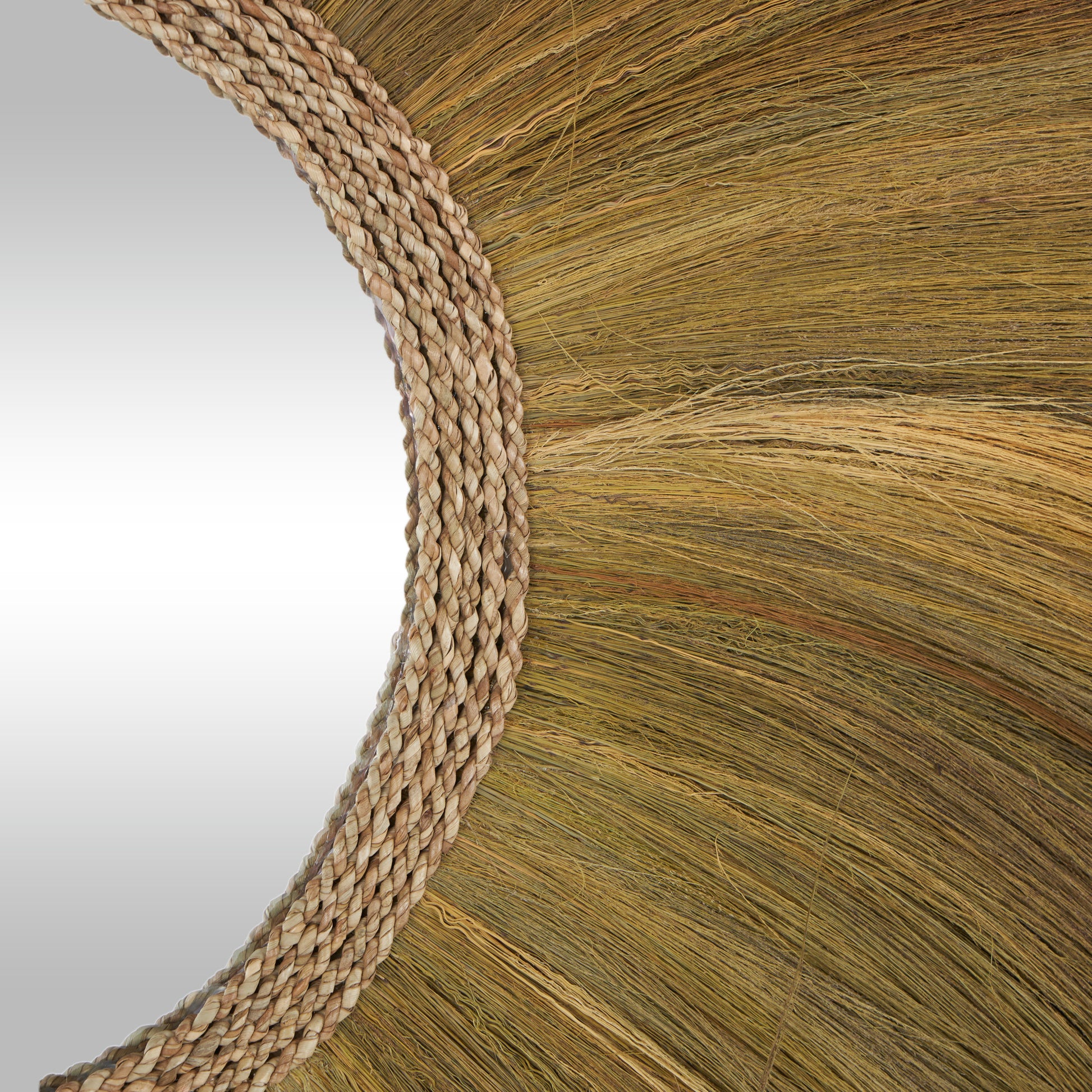 Brown Dried Plant Tribal Inspired Sunburst Grass Room Wall Mirror with Coiled Rope Center