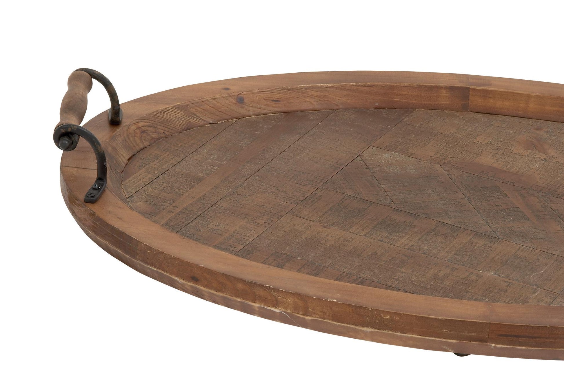Brown Wood Large Oval Living Room Decor Tray with Scroll Metal Handles