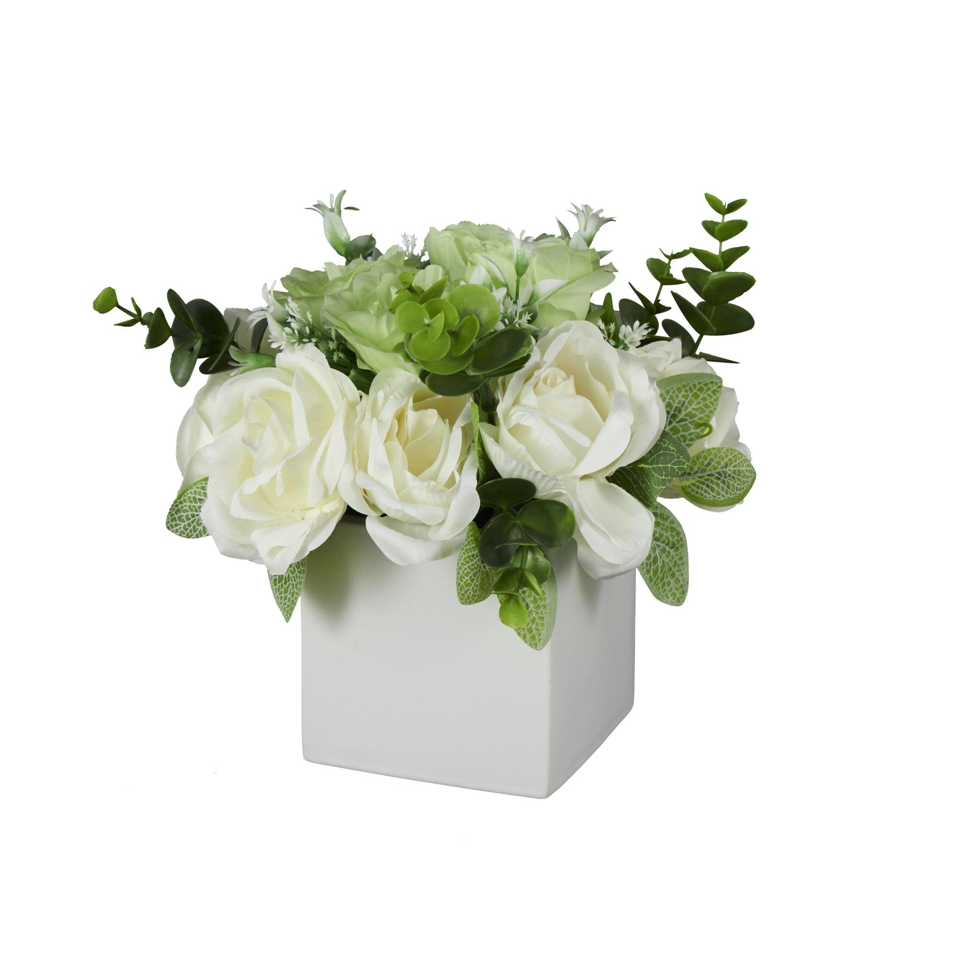 Hydrangea and Pom Pom White Fabric Indoor Outdoor Artificial Flower with Green Leaves and Square Ceramic Vase