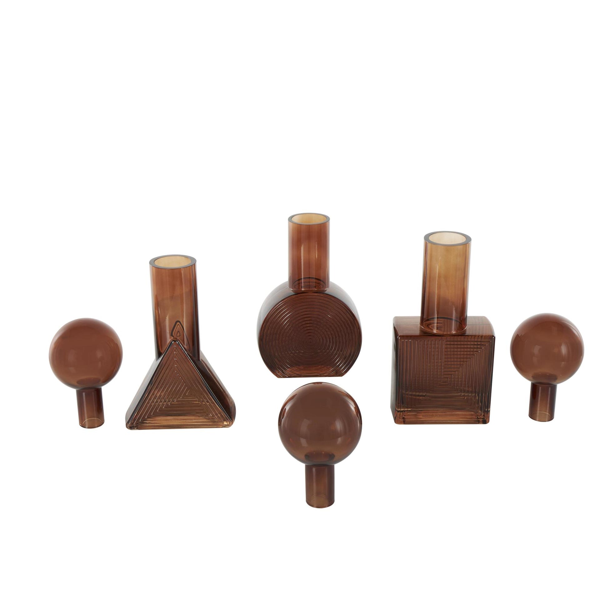 Set of 3 Geometric Brown Glass Triangle, Circle, Square Ombre Living Room Decorative Jars