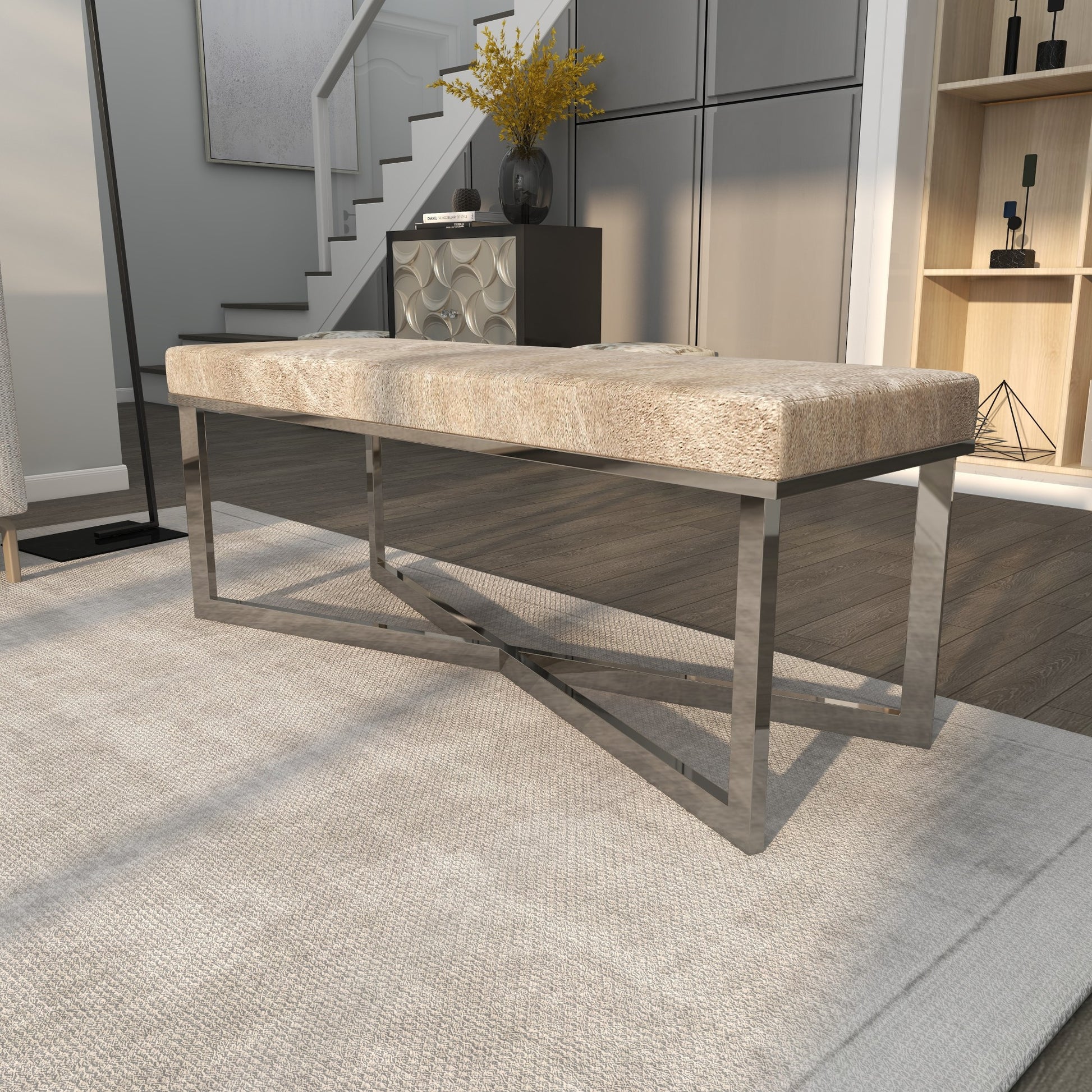 Gray Leather Handmade Cowhide Home Bench with Silver Metal Base