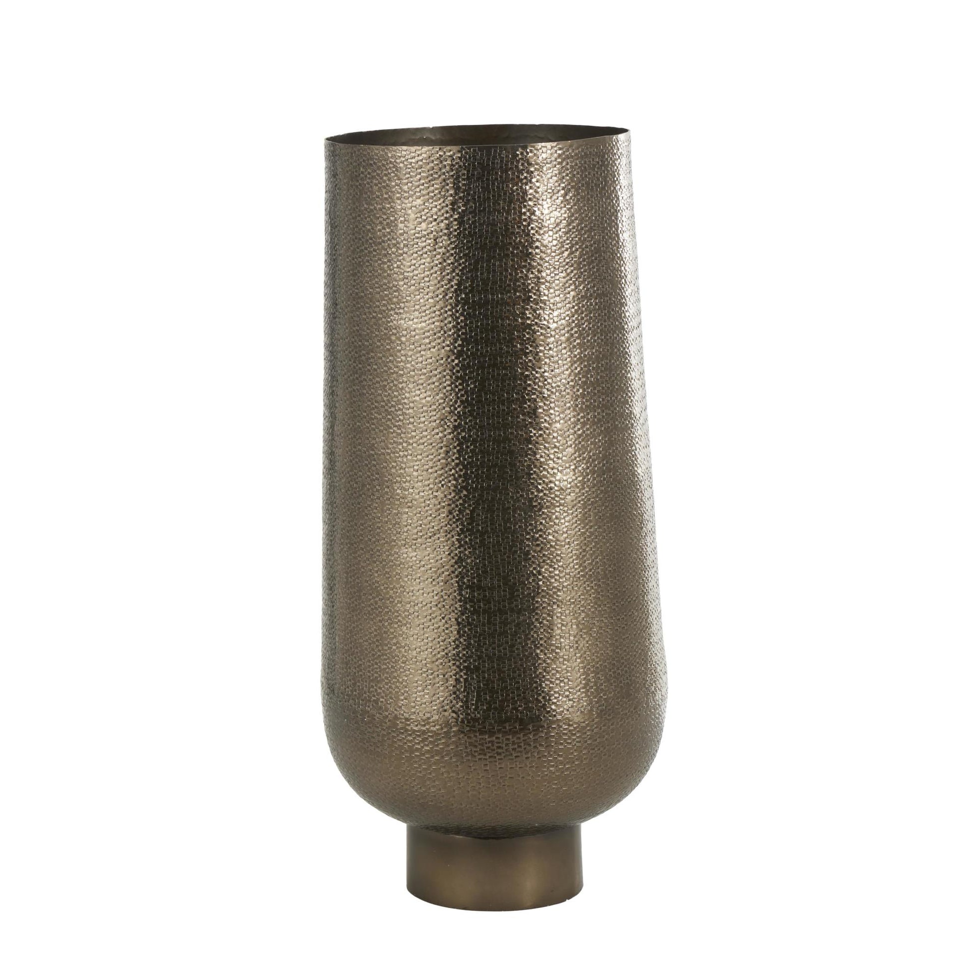 Geometric Brass Aluminum Metal Textured Wide Floor Decorative Vase with Elevated Base