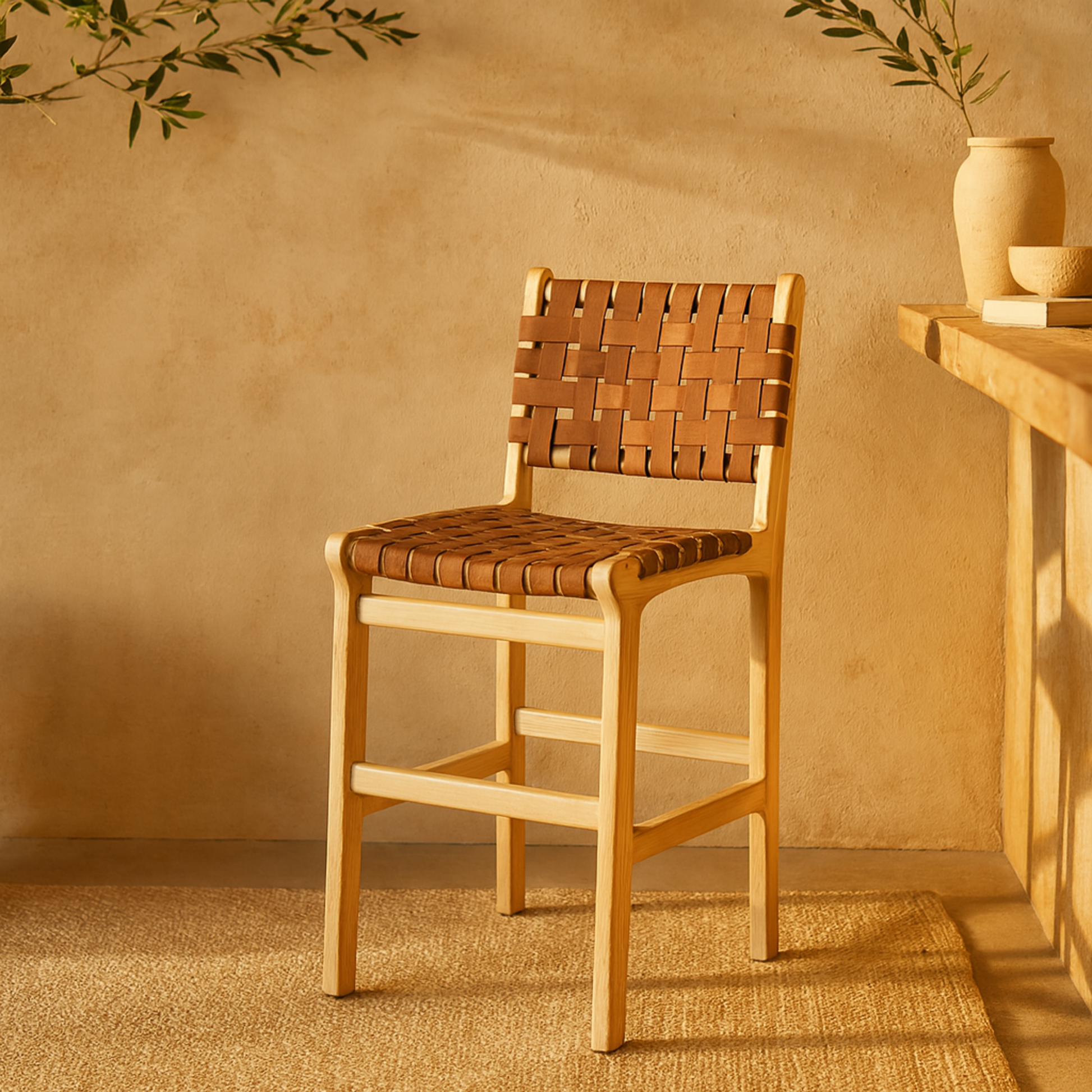 Mango Wood Handmade Woven Kitchen Bar Stool with with Backrest and Footrest