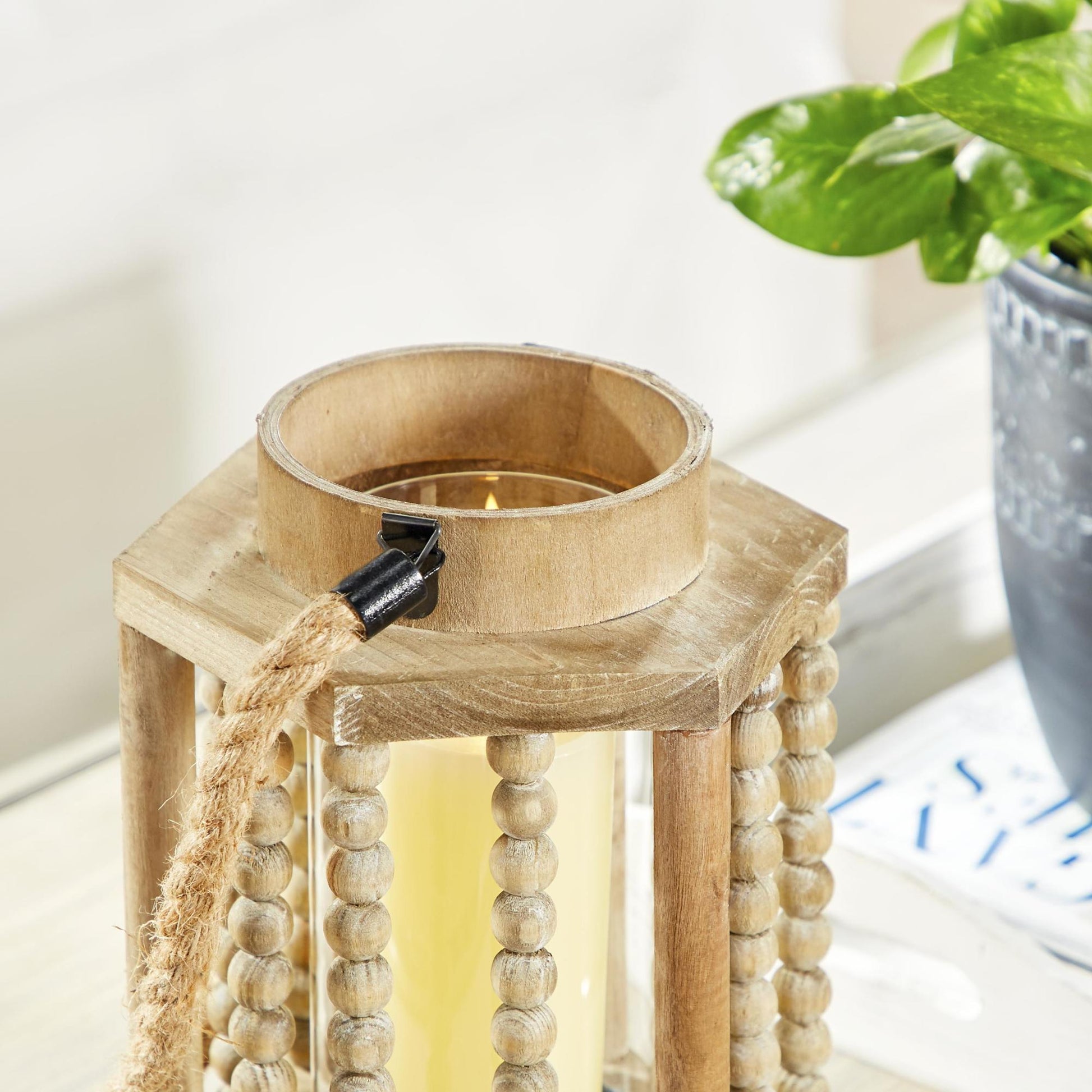 Beige Reclaimed Wood Beaded Decorative Indoor Outdoor Candle Lantern