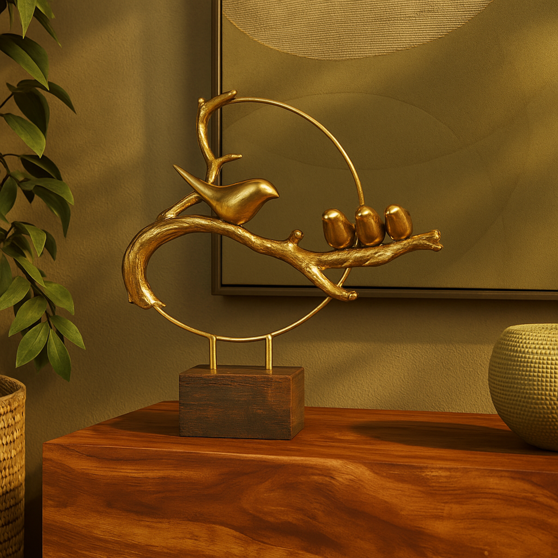 Bird Gold Polystone Family On A Branch Decorative Sculpture with Brown Block Base