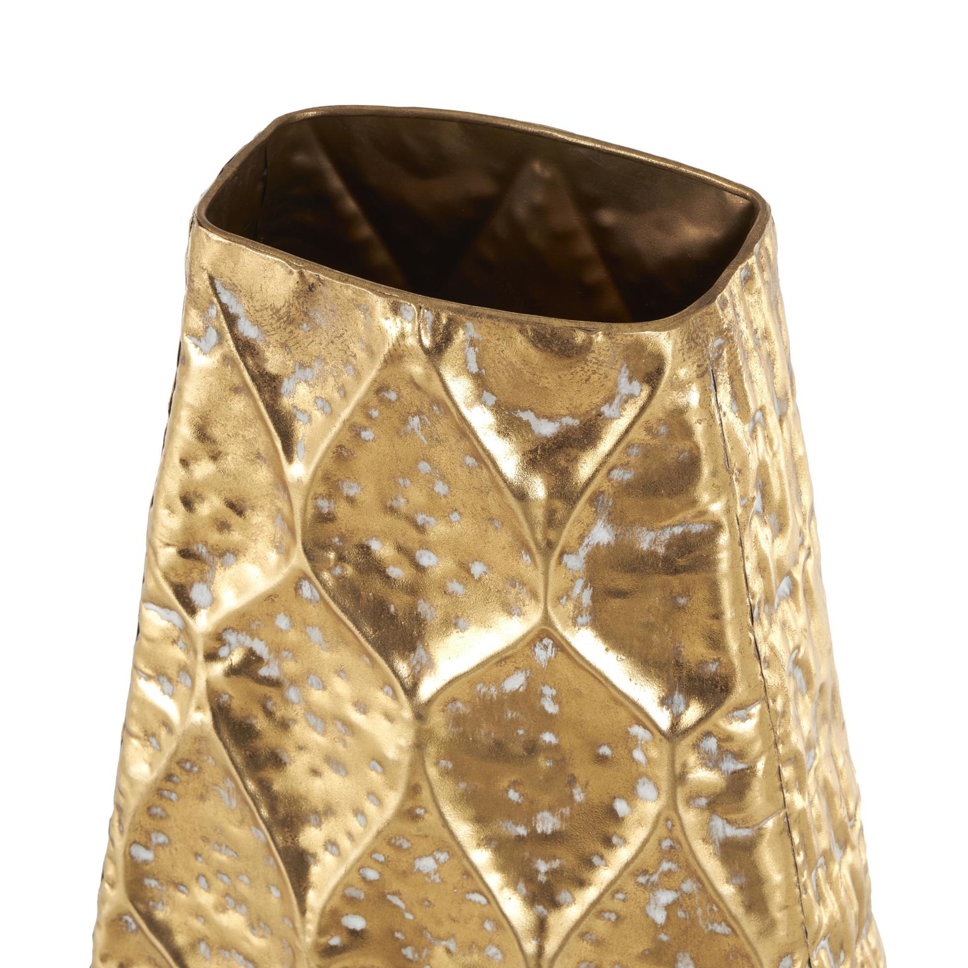 Gold Metal Textured Concaved Teardrop Decorative Vase with Peacock Inspired Design
