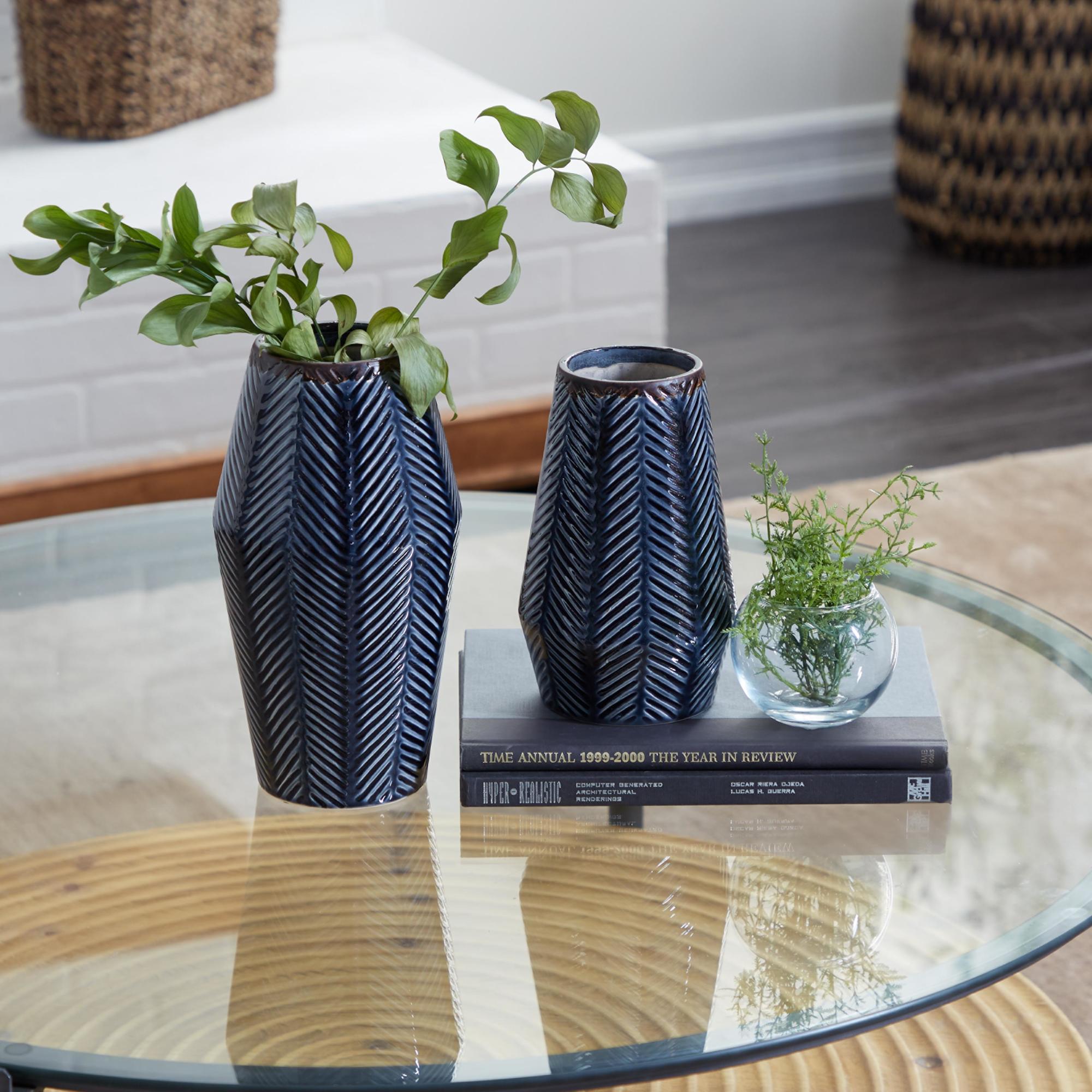 Set of 2 Dark Blue Ceramic Handmade Chevron Decorative Vase
