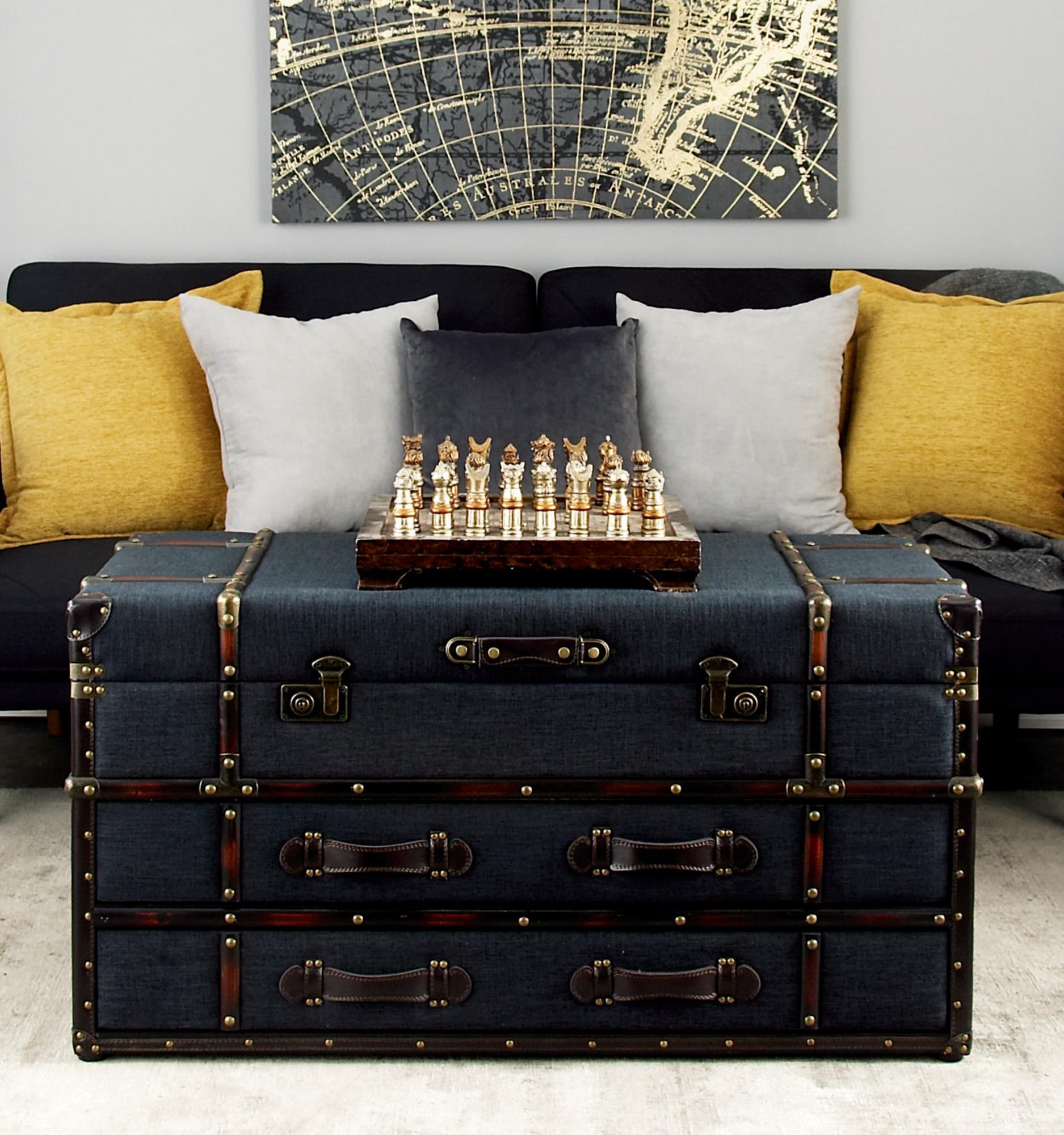 Faux Leather Vintage 2 Drawer Living Room Coffee Table with Buckle Hinged Top