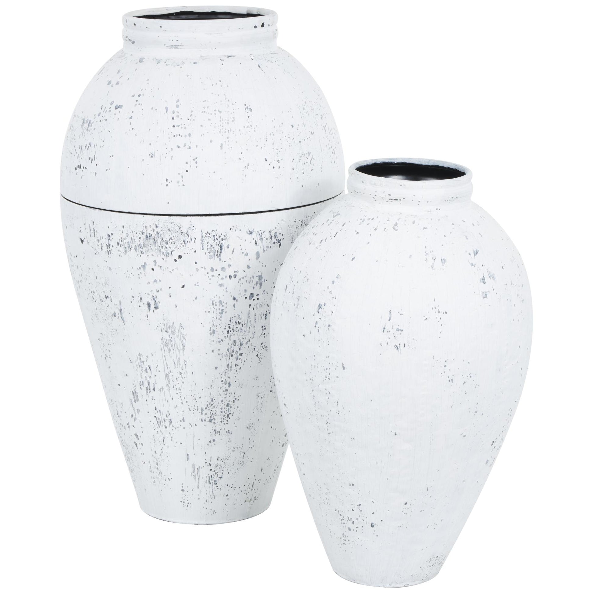 Set of 2 White Metal Tall Distressed Pot Floor Decorative Vase