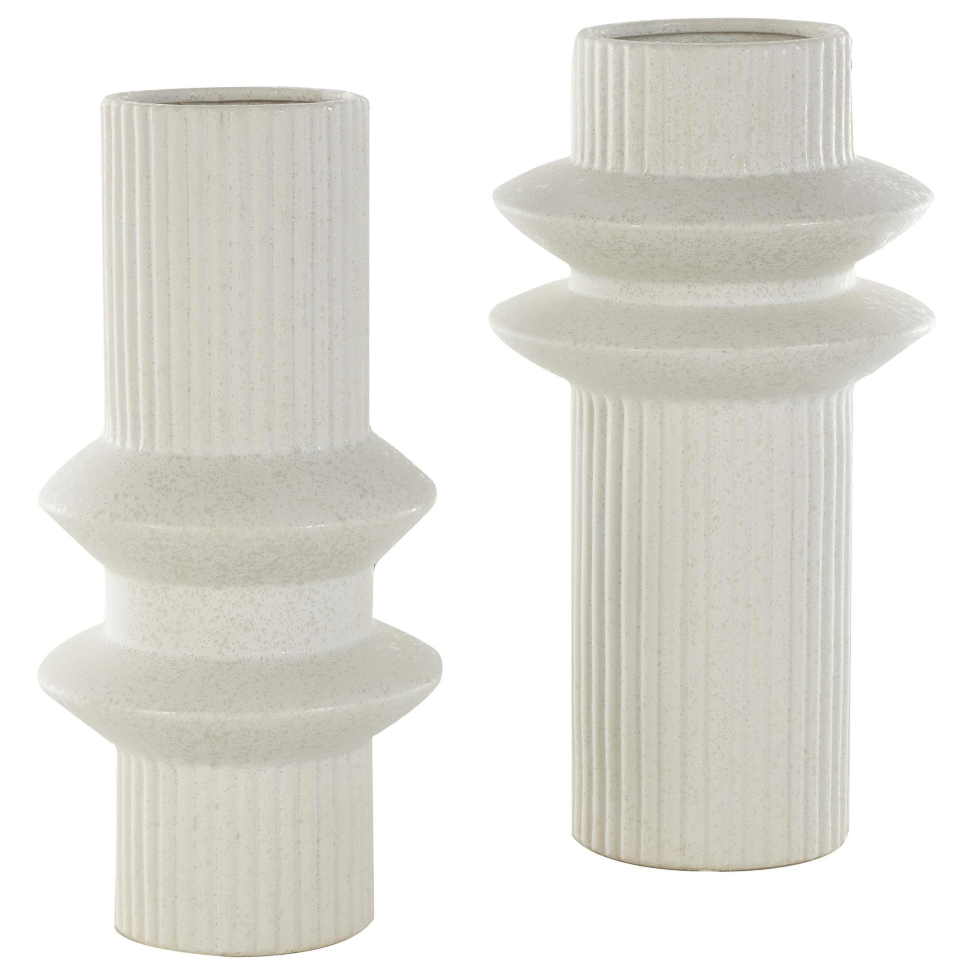 Set of 2 Abstract White Ceramic Ribbed Decorative Vase with Speckled Texturing