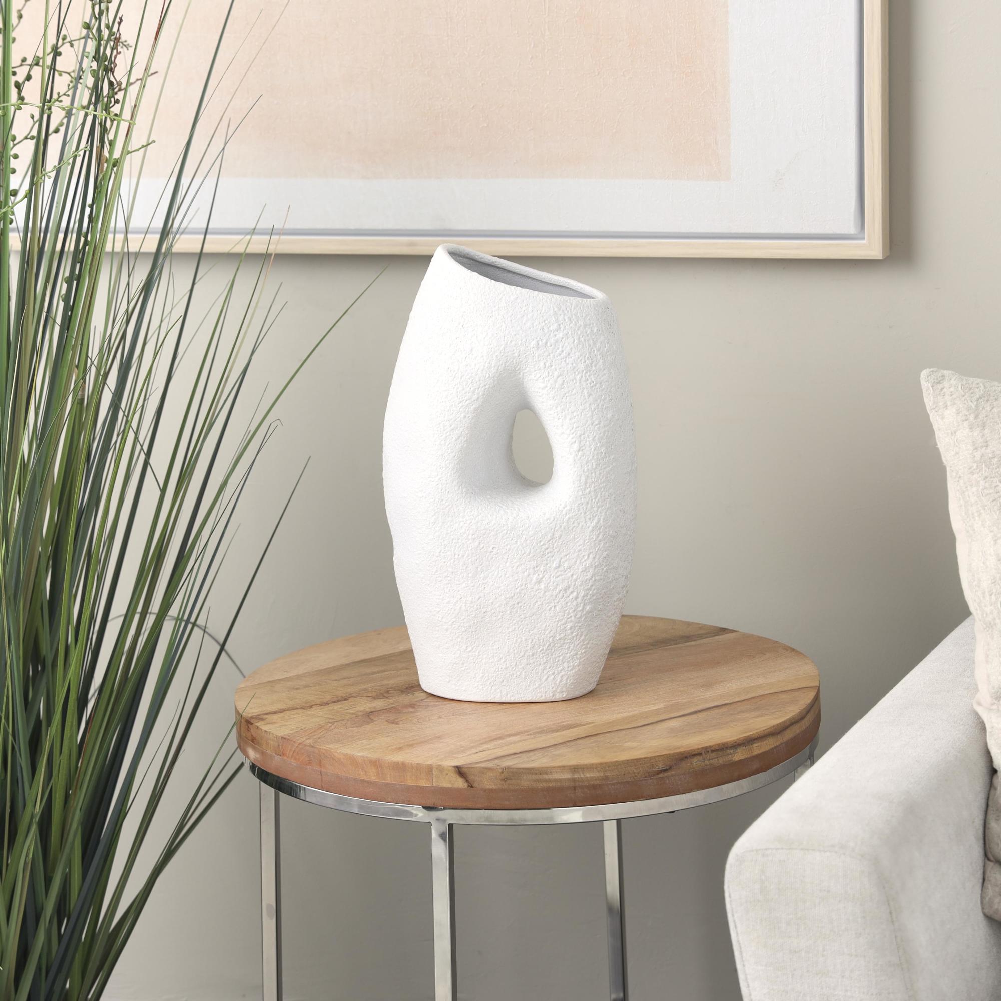 Abstract White Ceramic Textured Decorative Vase with Cutout Center