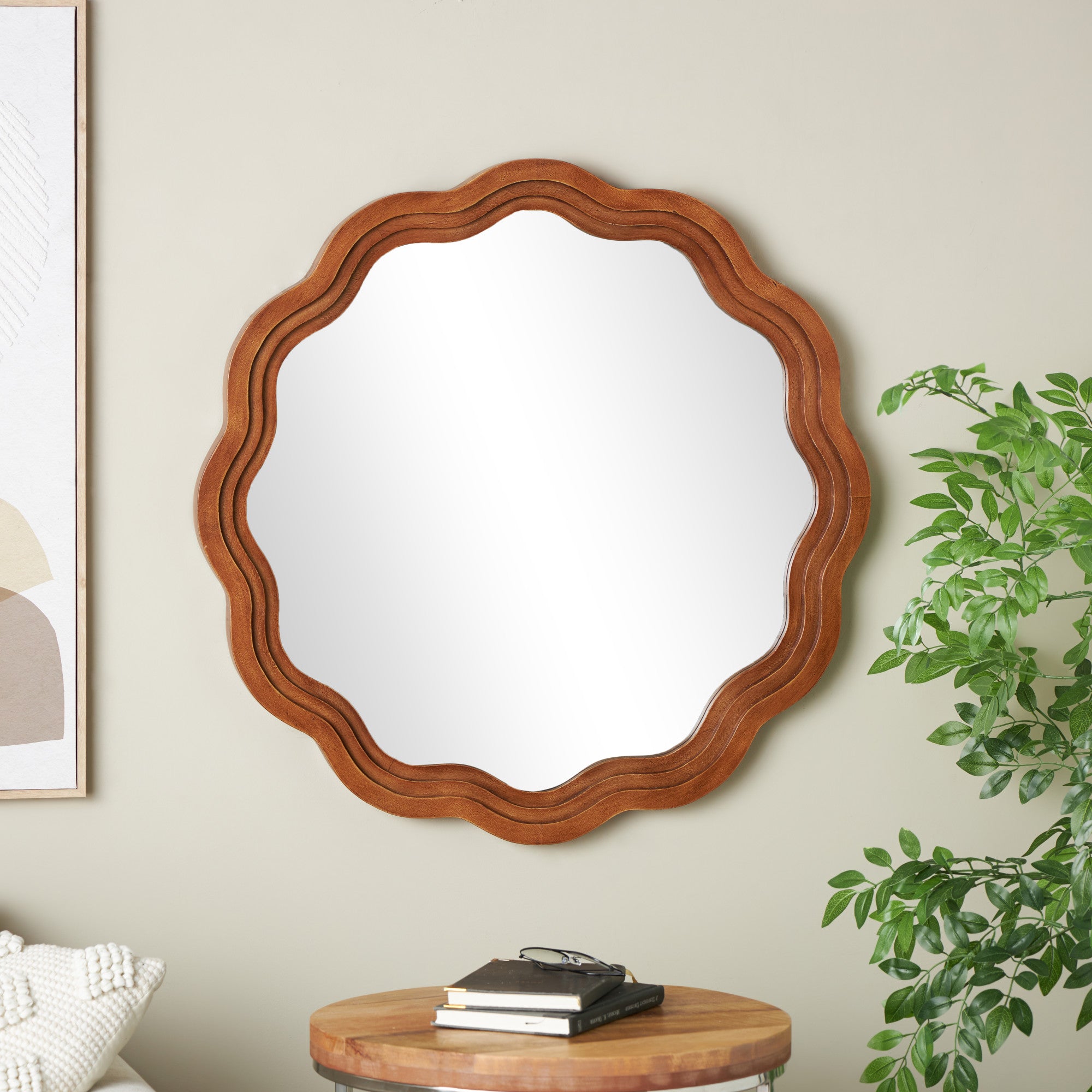 Brown Wood Handmade Wavy Room Wall Mirror with Dimensional Carved Frame