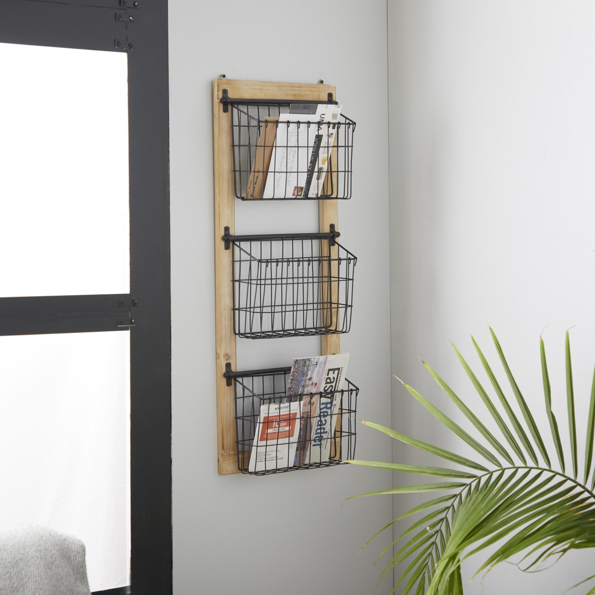 Black Metal 2 or 3 Slot Decorative Magazine Rack Holder with Suspended Baskets