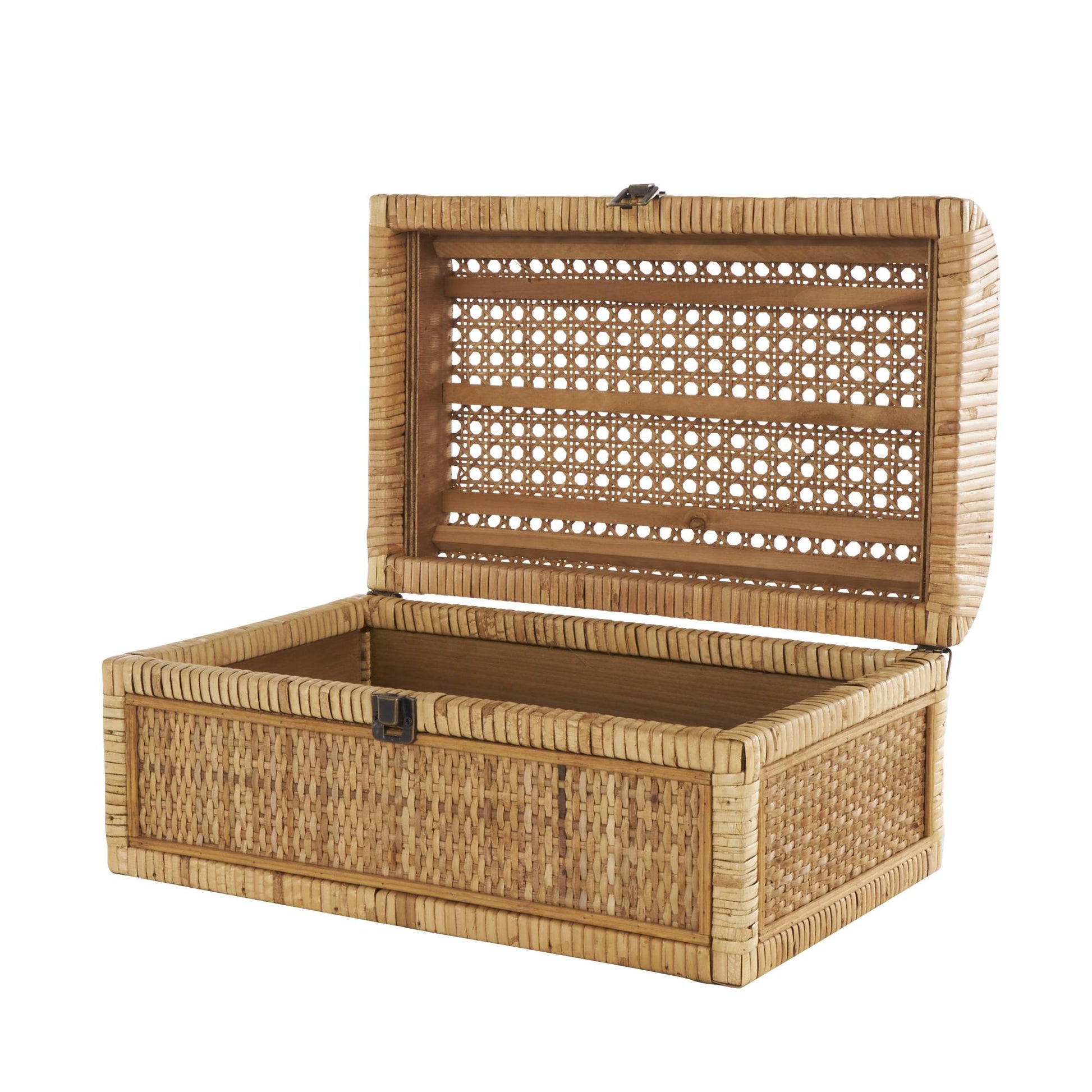 Set of 2 Brown Rattan Handmade Woven Storage Decorative Box with Curved Tops and Wrapped Edges