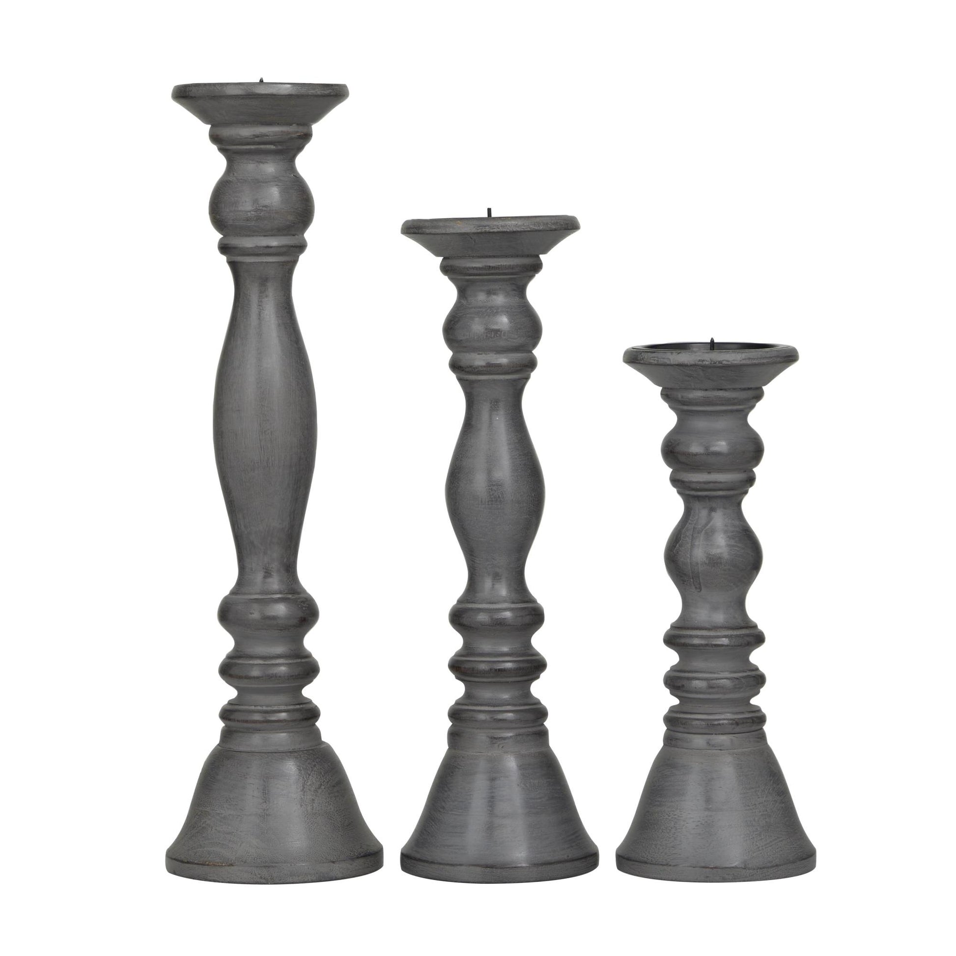 Set of 3 Wood Turned Style Pillar Decorative Candle Holder