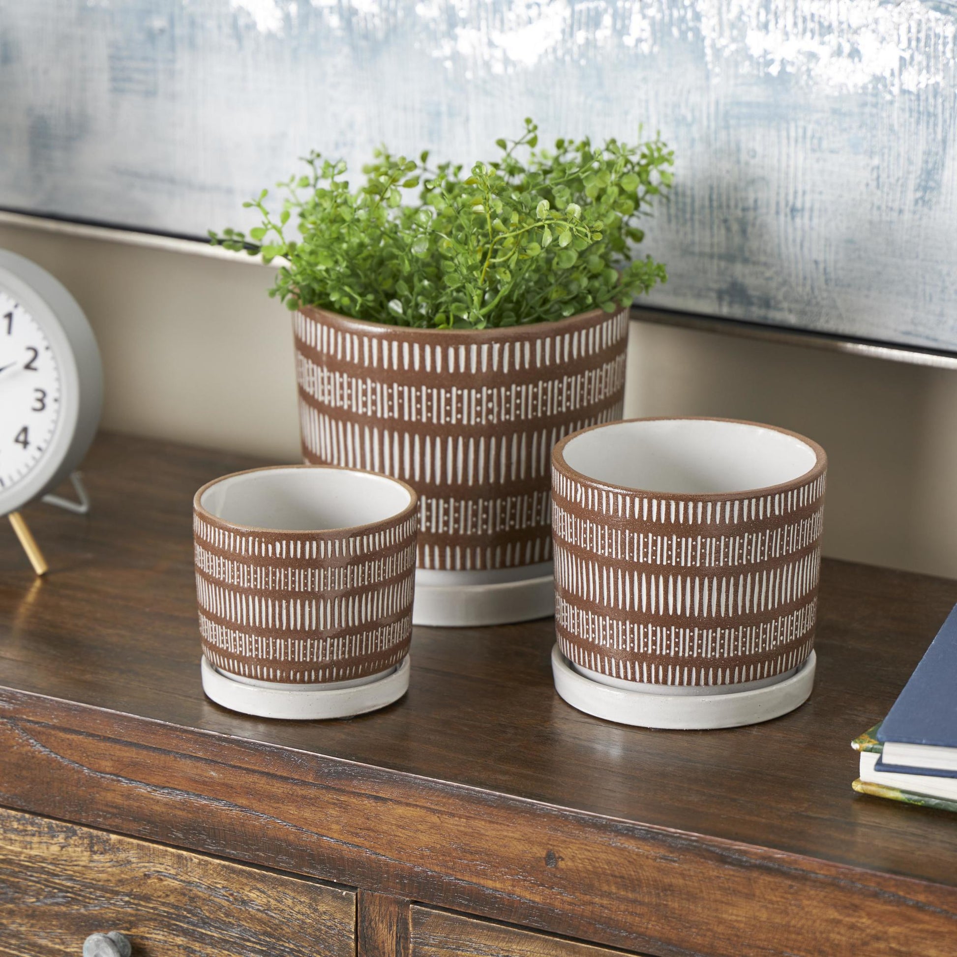 Set of 3 Brown Ceramic Polka Dot and Linear Patterned Indoor Outdoor Planter with White Accents and Base Tray
