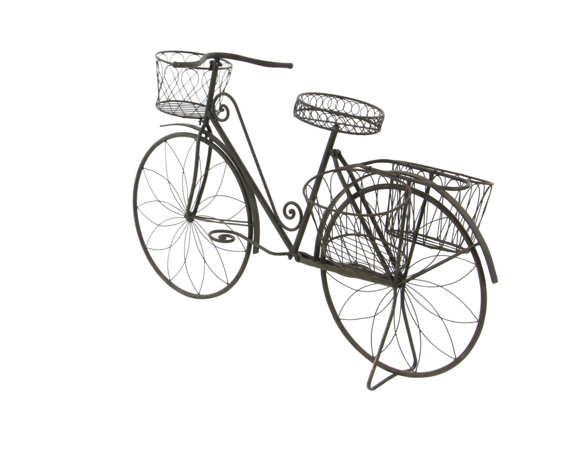 Bike Brown Metal Wire Floral Scrolled Indoor Outdoor Plantstand with Basket and Saddle Bag Planters
