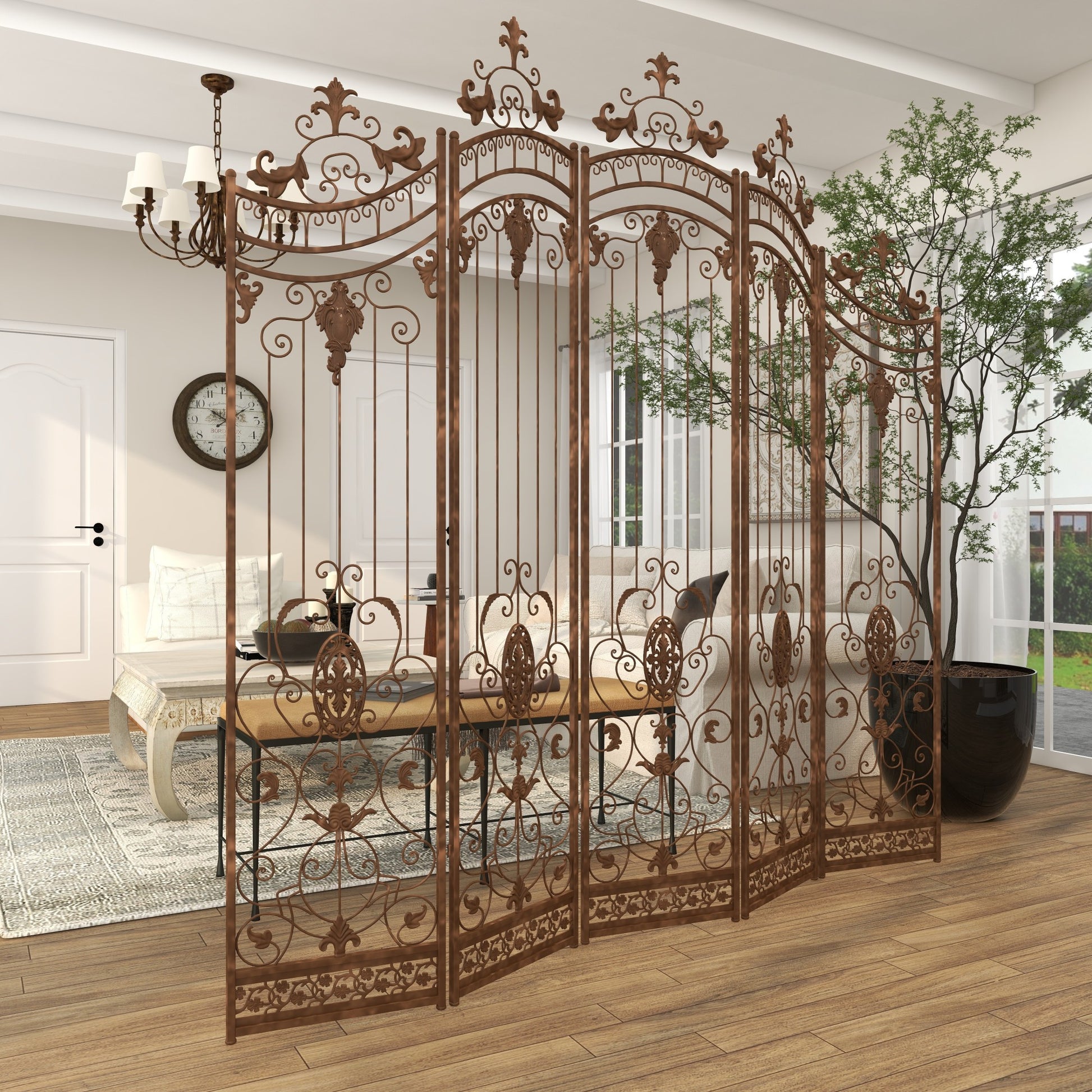 Scroll Bronze Metal Hinged Foldable Arched Partition 5 Panel Partition Room Divider Screen