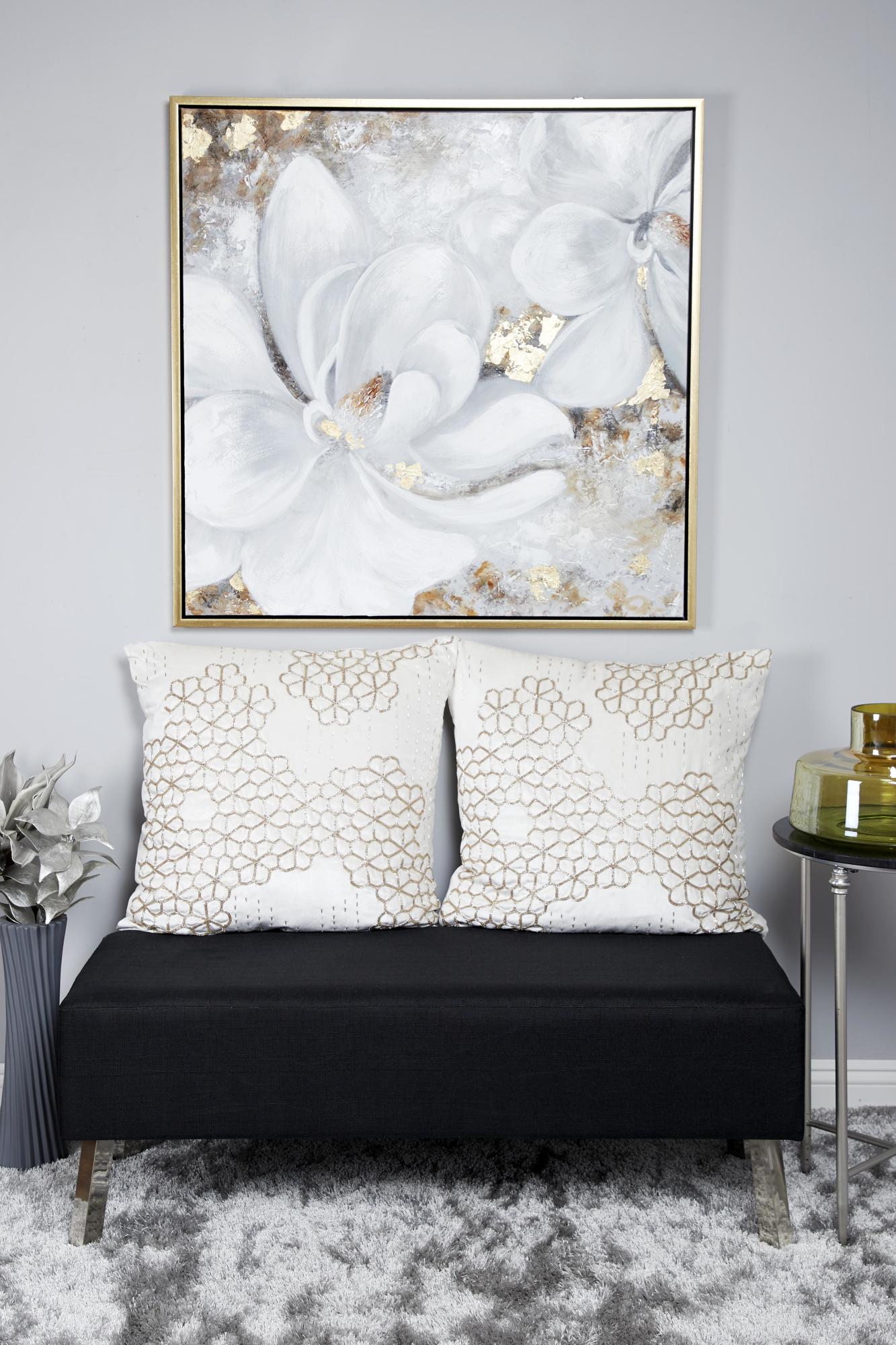 Floral White Canvas Handmade Living Room Framed Wall Art with Gold Frame