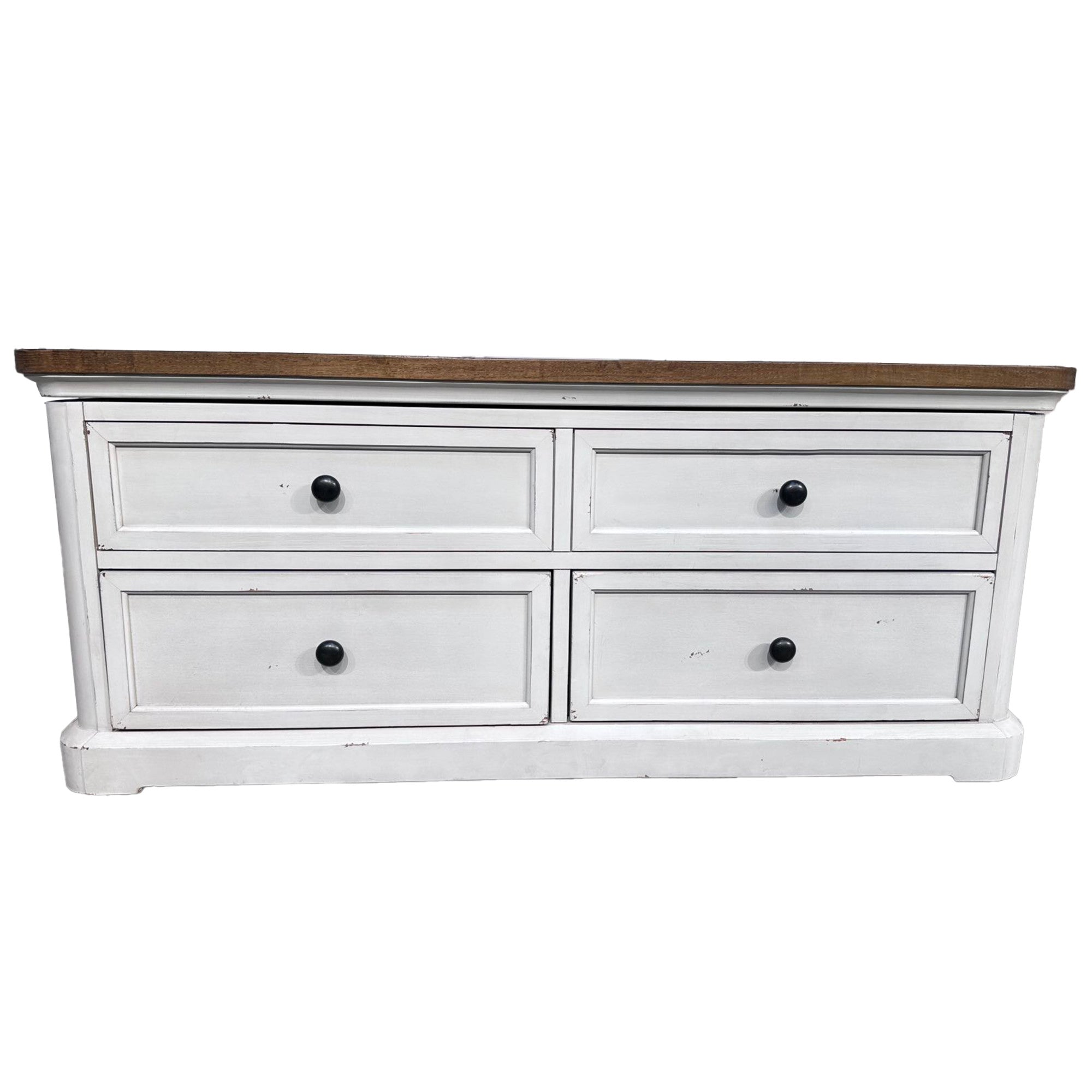White Wood Lift Top Hidden Storage 4 Drawer Living Room Coffee Table with Brown Wood Tabletop and Black Round Knobs