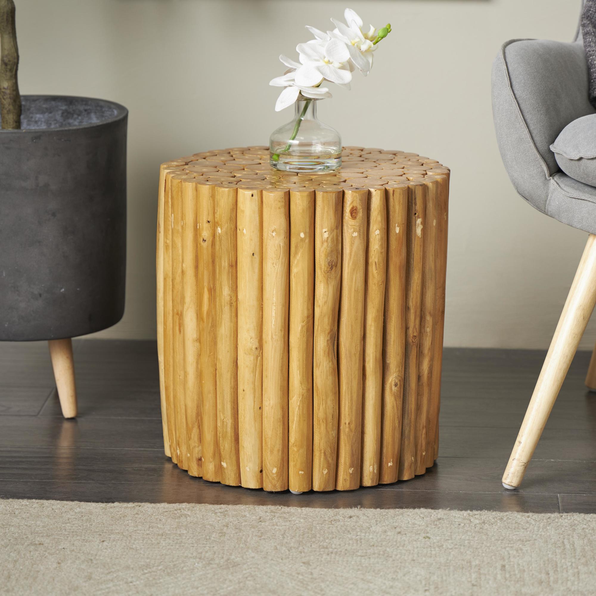 Brown Teak Wood Handmade Side End Accent Table with Stick Cluster Design