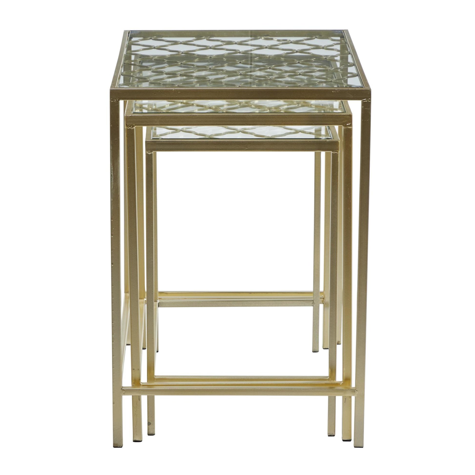 Set of 3 Gold Metal Side End Accent Table with Clear Glass Top