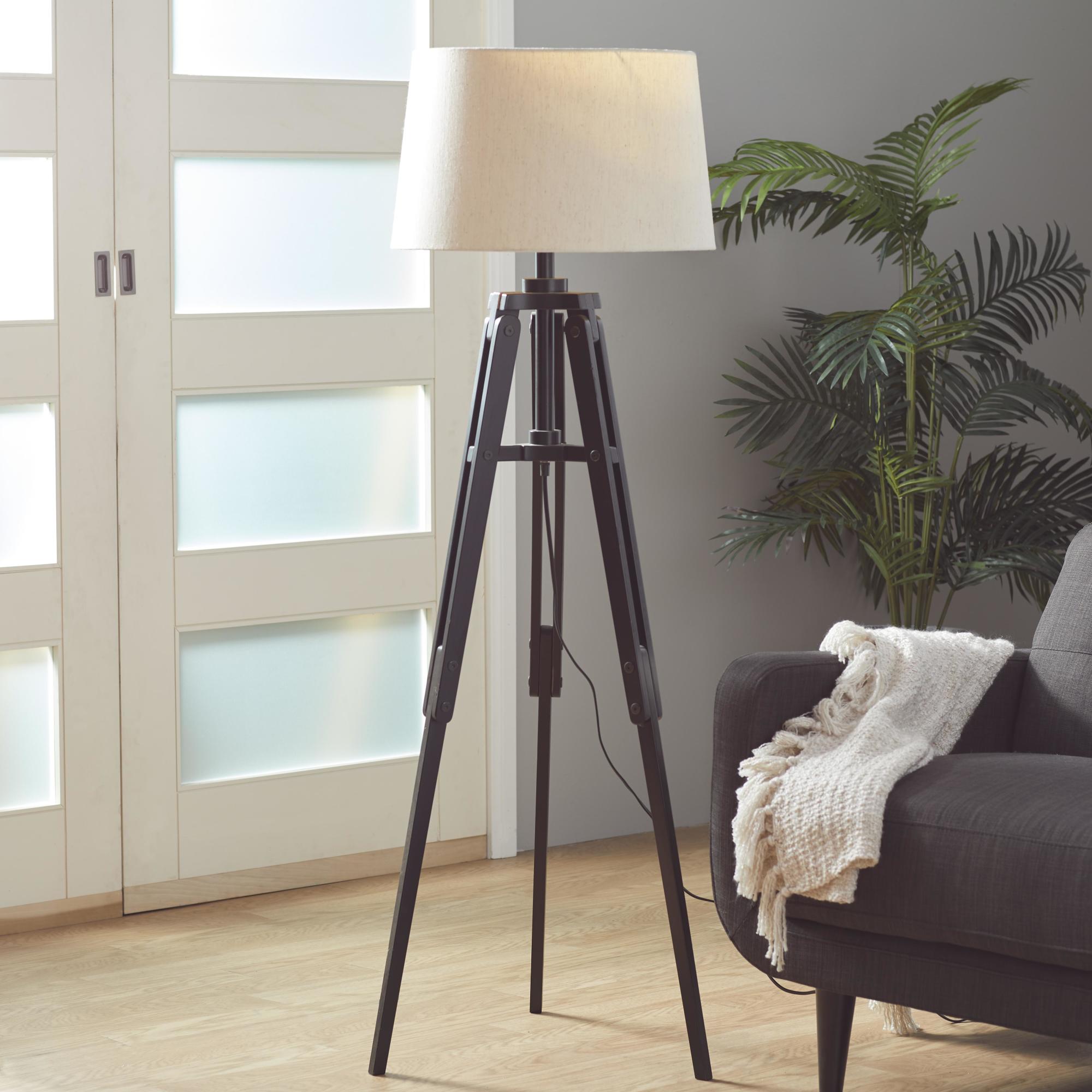 Black Wood Tripod Room Floor Lamp with Cream Linen Shade