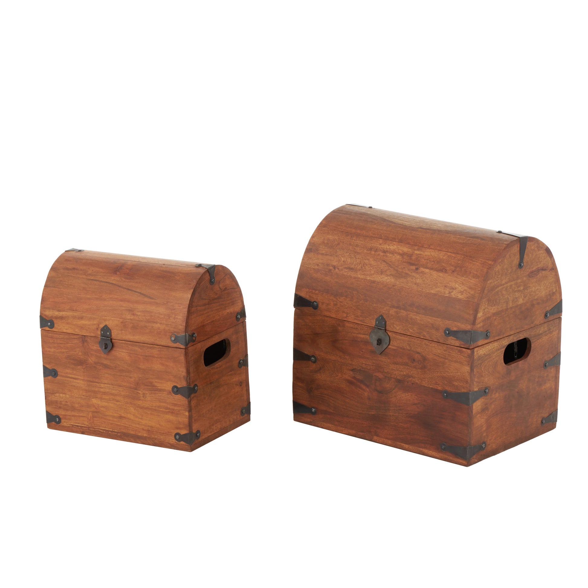 Set of 2 Brown Wood Handmade Arched Storage Chest Decorative Box with Black Metal Hardware